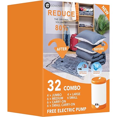 GONGSHI Vacuum Seal Bags for Clothing Travel & Home Storage, Travel Vacuum Bags with Electric Pump,Space Saver for Blankets, Comforters, Pillows, Clothes,32 Combo