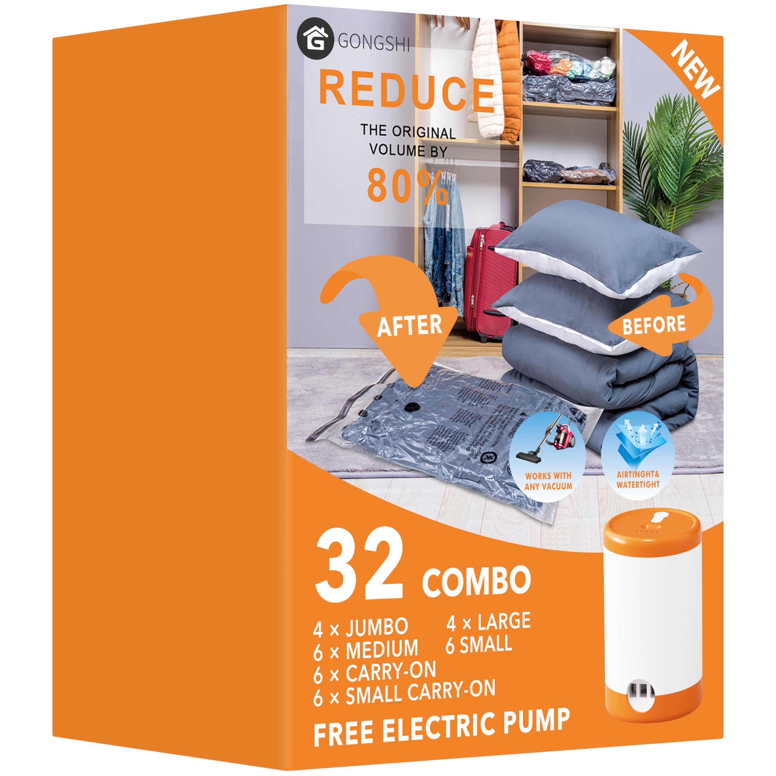 32 Pack Vacuum Storage Bags with Electric Pump,Plastic Packaging Bags,Space Saver Bag for Clothes, Mattress, Blanket, Duvets, Pillows, Comforters,Travel โ image 1
