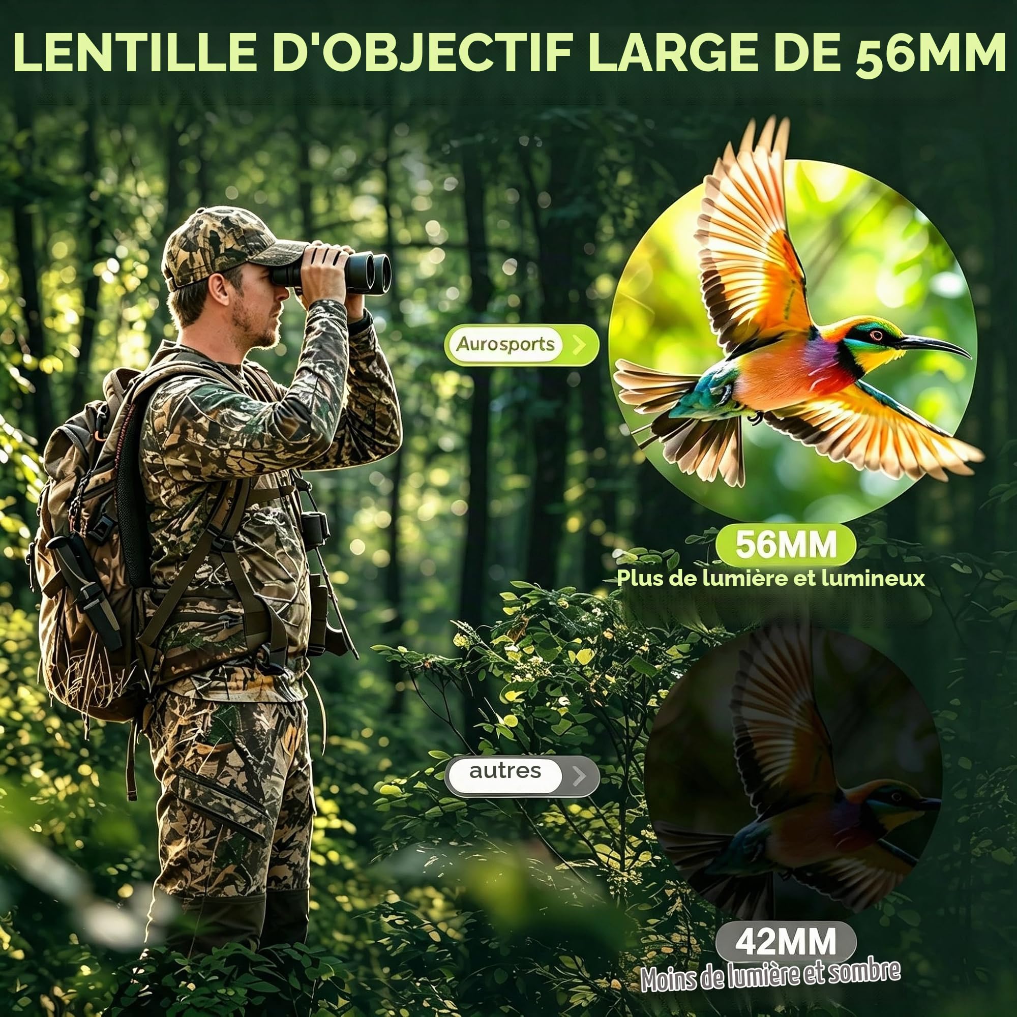 Jumelles 15 x 56 pour Adultes Haute Puissance – Jumelles Aurosports HD avec Vision Claire en Faible luminosité – Légères et faciles à Mettre au Point pour l'observation des Oiseaux, la Chasse, la