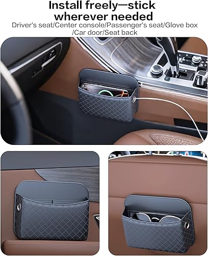 Miniatura 3 de Organizador de bolsillo lateral autoadhesivo para asiento de automóvil con puerto de cable - Bolsa de almacenamiento de cuero PU negro para teléfono