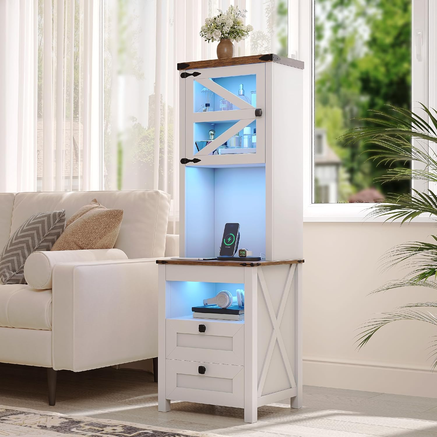 HWB Tall Nightstands Set of 2 with Gun Drawer, Farmhouse Night Stand with Charging Station and Storage Drawers, Bedisde Table with Led Lights for Bedroom, White