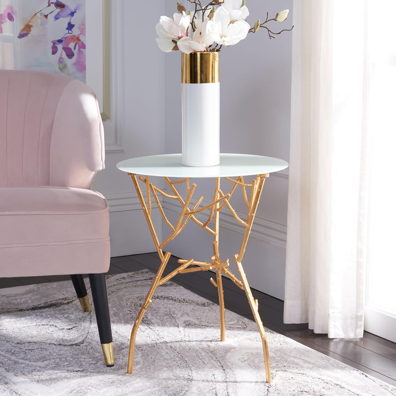 Safavieh FOX2520A-Parent Home Collection Tara Branched Glass Top Accent Table, 5' Round, Gold/White