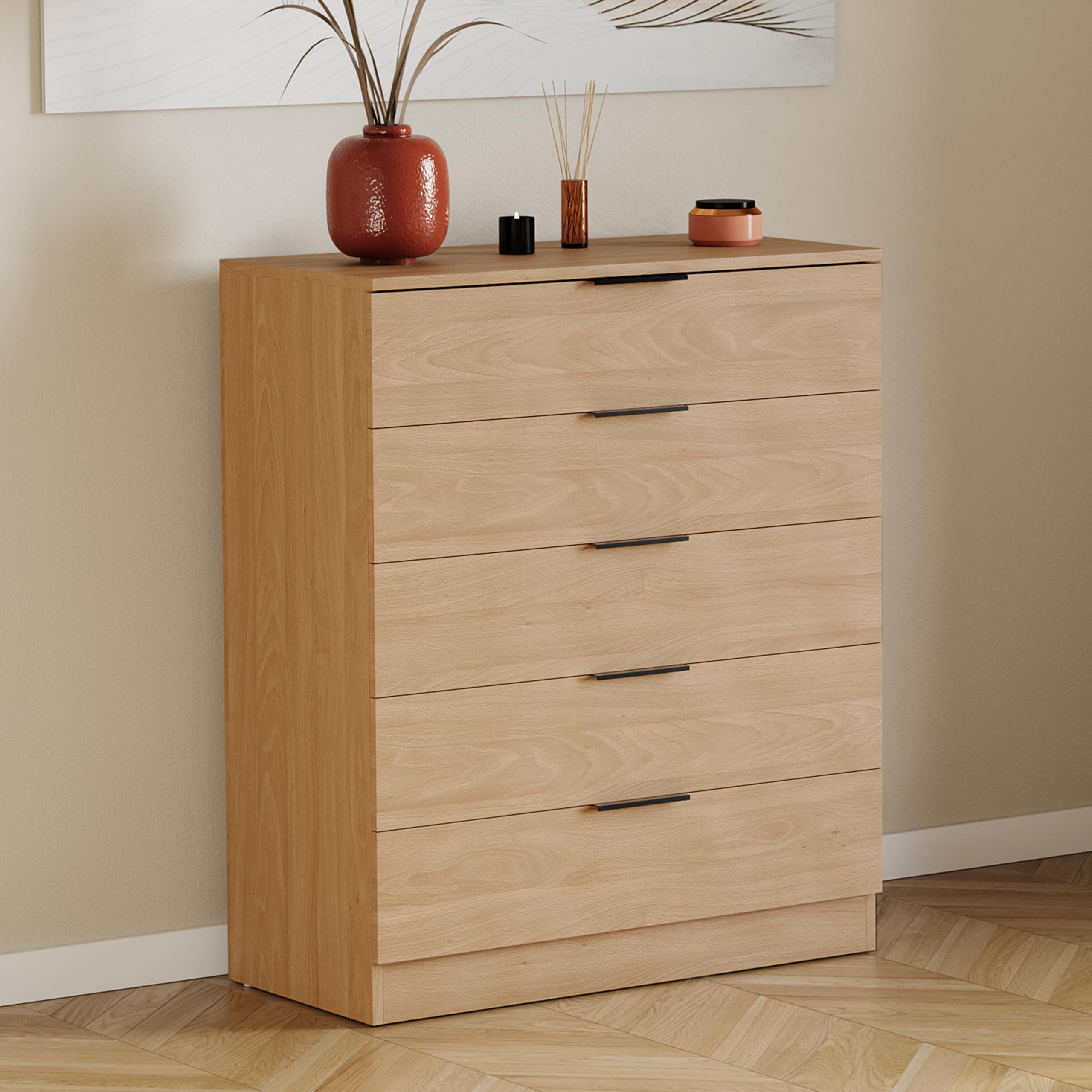 Vida Designs Trega - Cómoda de 5 cajones de Pino – Unidad de Almacenamiento compacta Que Ahorra Espacio – 90 x 66 x 36 cm – Soporte antiarco, Asas Negras Modernas, Corredores deslizantes – Ideal para