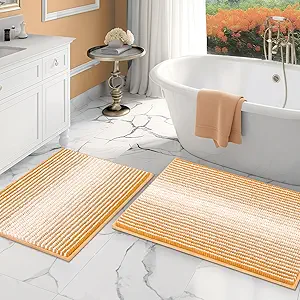 Bathroom Rugs and Mats Sets, 2 Piece Thick Absorbent Chenille Bath Mat Rug Set Non Slip, Soft Shaggy Bath Room Floor Mats for Bathroom, Machine Washable (Buff Orange, 20" x 32" Plus 16" x 24")