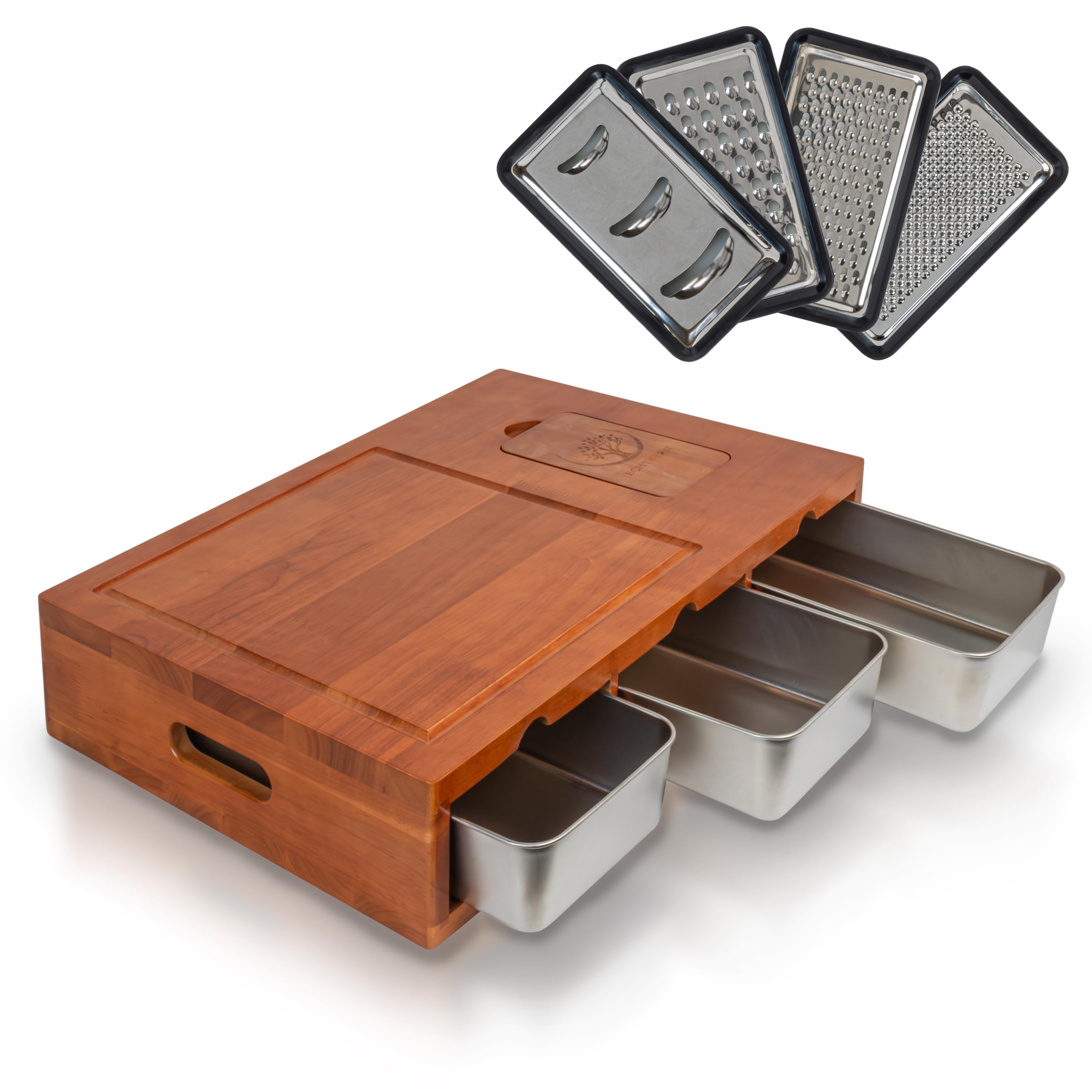 Premium XXL Küchenstation Schneidebrett mit Auffangschalen aus Kautschukholz 50x35 cm - Messerschonendes Holzbrett - Schneidebrett-Set mit 4 Edelstahl-Reiben