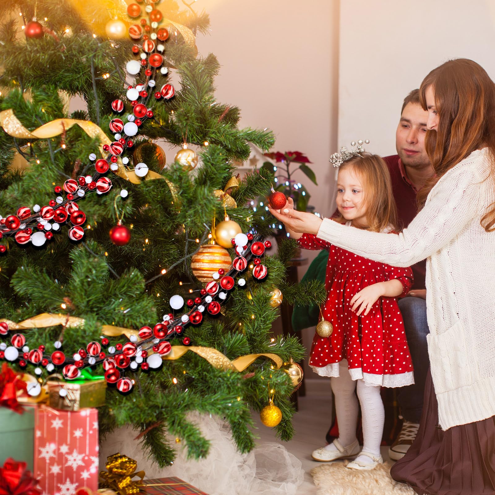 WILLBOND Guirlande de boules de Noël à suspendre pour sapin de Noël, cheminée, couronne de 3,7 m, rouge et blanc