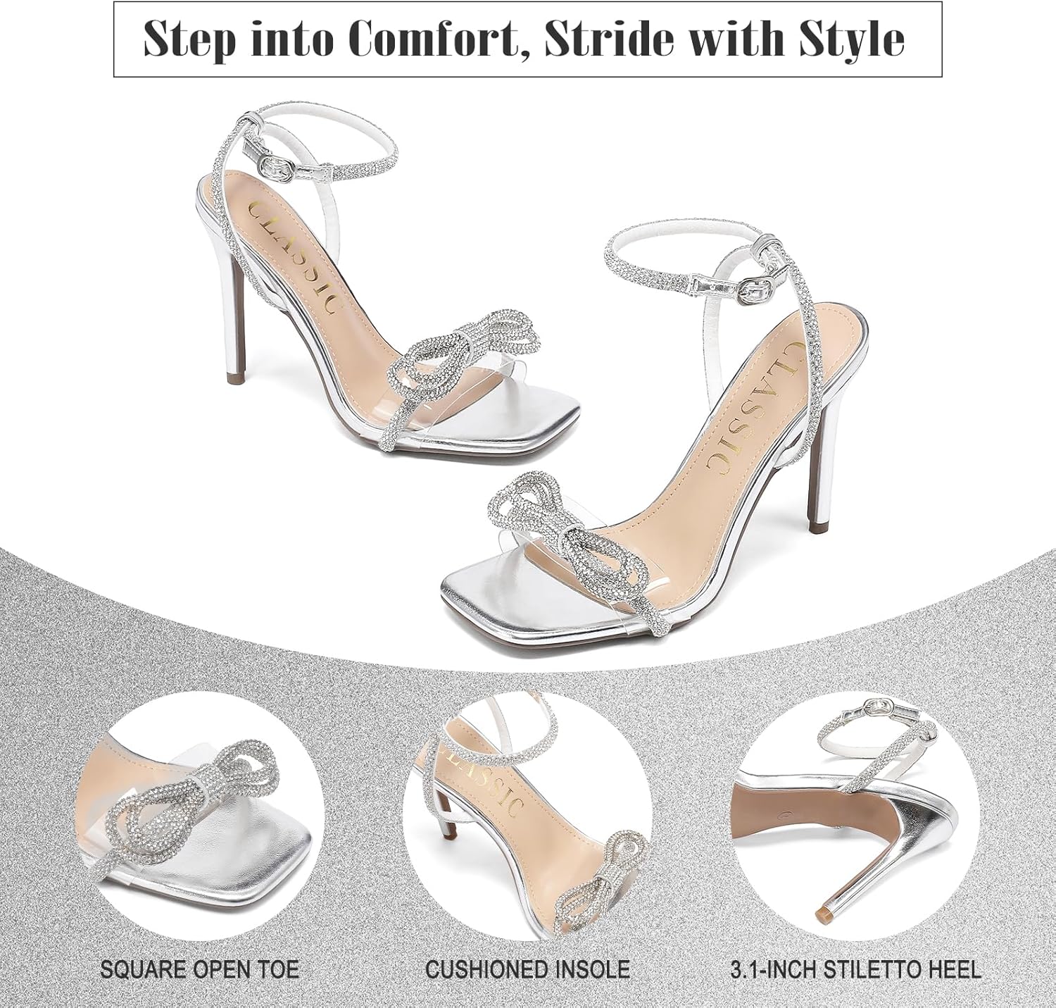 Heels for Women Rhinestone Bow silver heels for women Square Toe Clear High Heels Sandals Silver Wedding Shoes With Adjustable Ankle Strappy for Party Wedding Dress Party