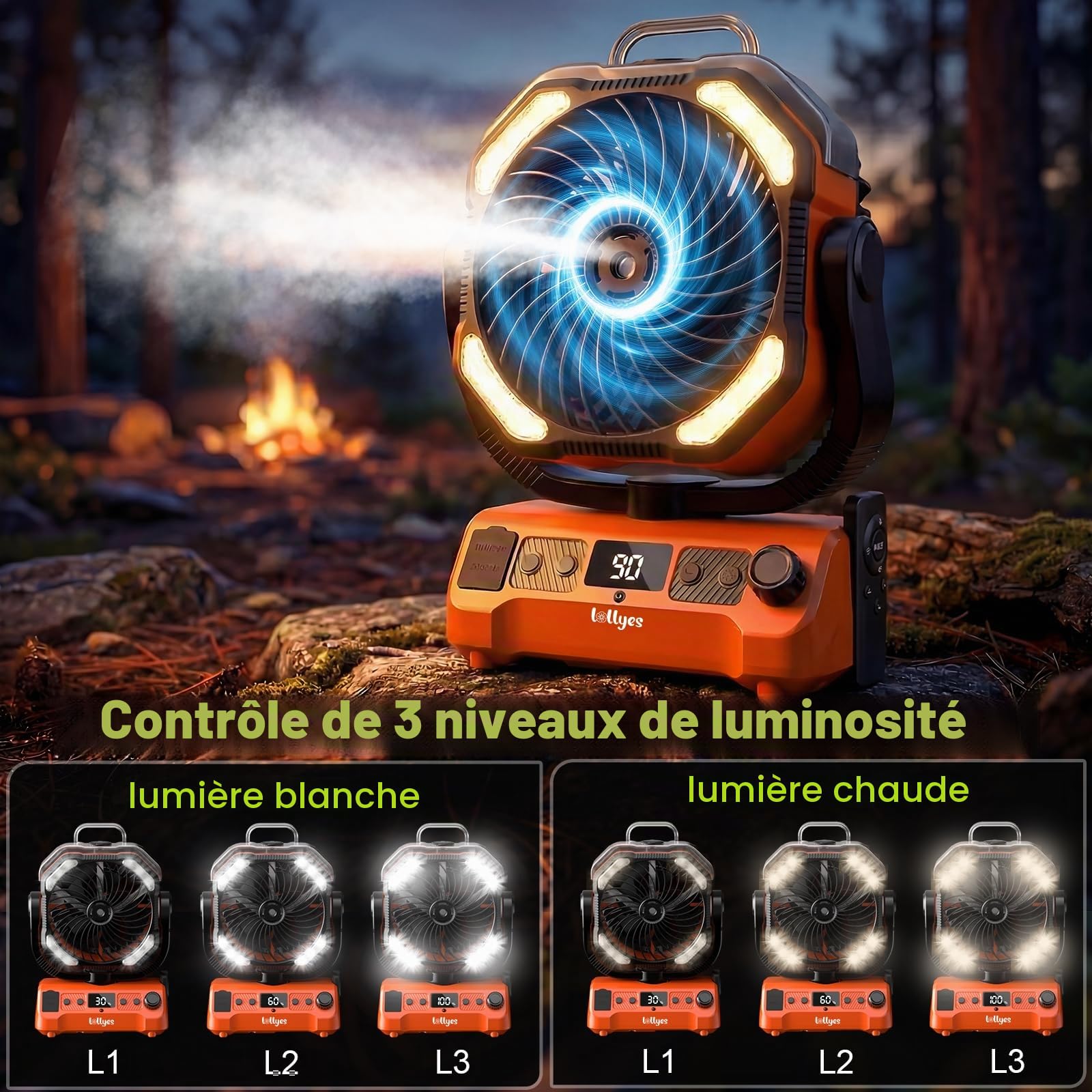 Lolleys Ventilateur Brumisateur de Camping 20000mAh, Ventilateur Portable Rechargeable avec Télécommande, Double Moteur, Crochet 360°, Vitesse Variable pour Extérieur Pêche Camping-car Plage, Orange