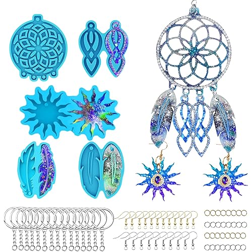 120Pcs Silicone Dream Catcher Mold Dream Catcher Casting Set Epoxy Catcher Key Chain Resin Molds DIY Jewelry Crafts Women Earrings Pendant Wall Hanging Decor Home Decoration(Blue)