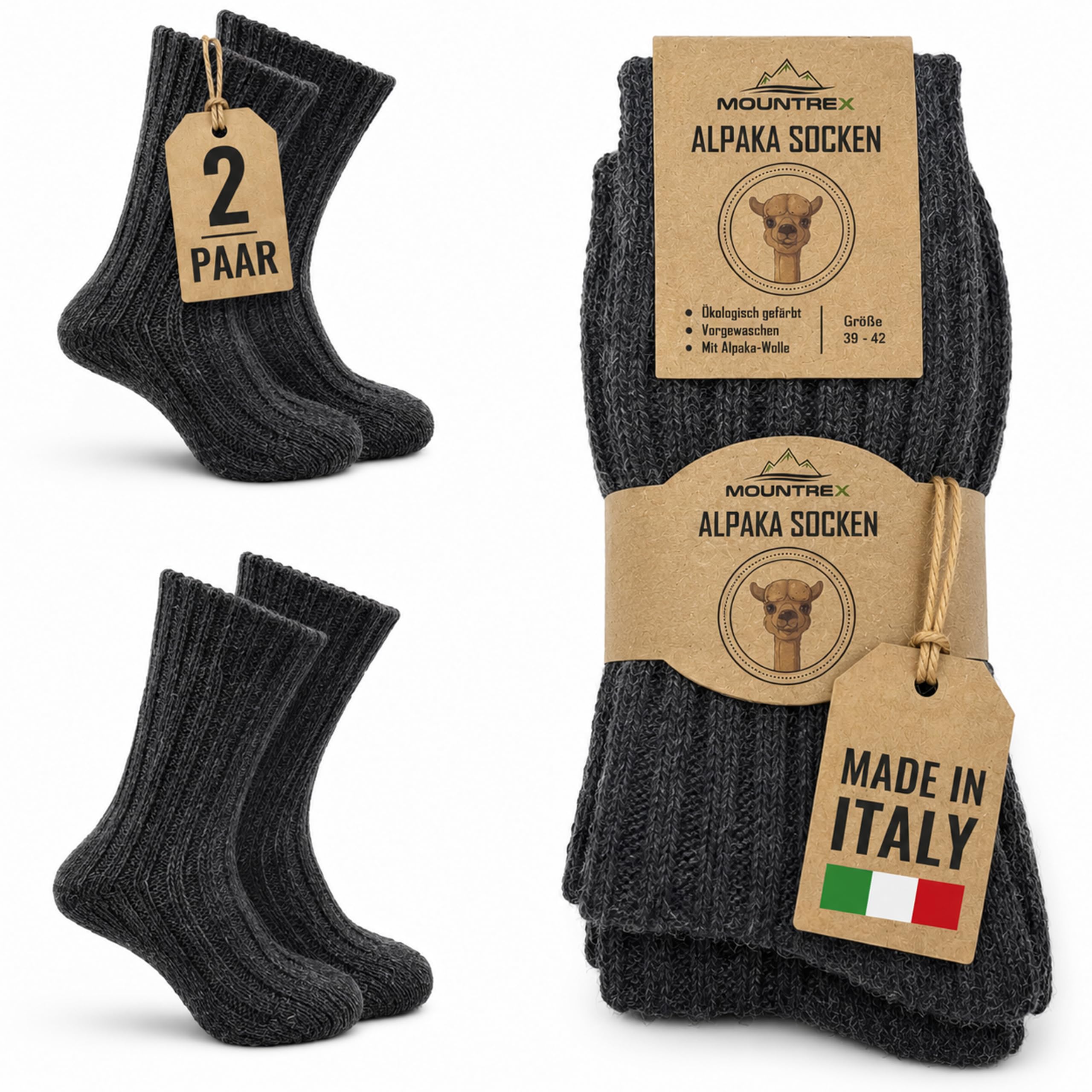 MOUNTREX® Alpaka Socken, Wollsocken für Damen und Herren - Wintersocken, Warme Haussocken, Thermosocken - Dick - 2 Paar