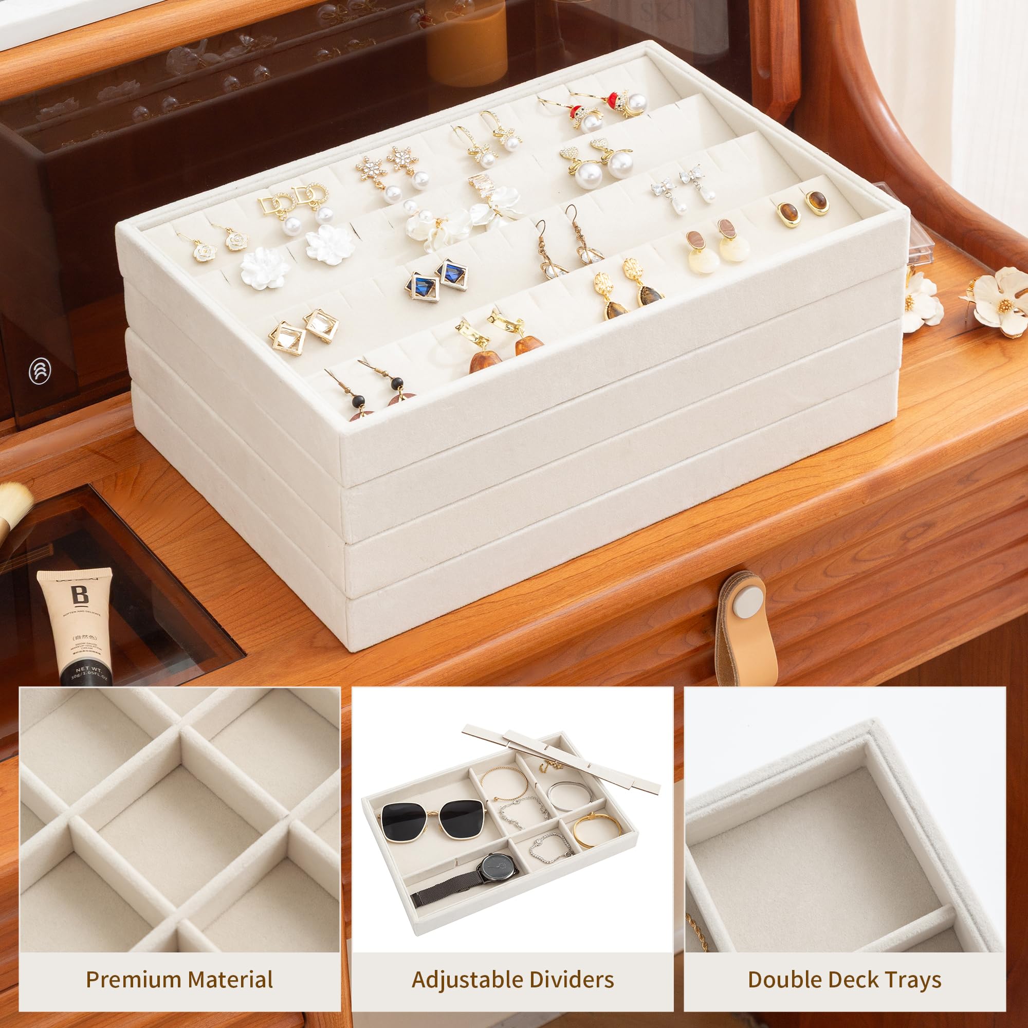 Frebeauty Organizadores de joyas apilables en terciopelo, set de 4 | Bandeja para joyas para cajones: almacenamiento apilable para pendientes (tipo botón), pulseras, collares y anillos