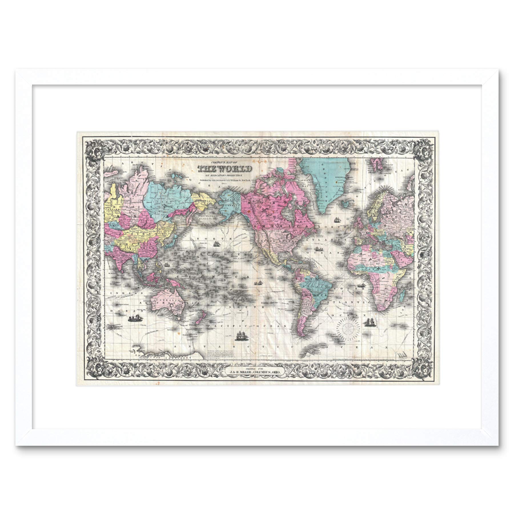 Wee Blue Coo 1852 Colton Map The World On Mercator's Projection Vintage Art Framed Wall Art Print