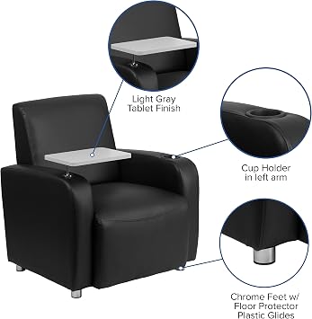 BizChair Black LeatherSoft Guest Chair with Tablet Arm, Chrome Legs and Cup Holder