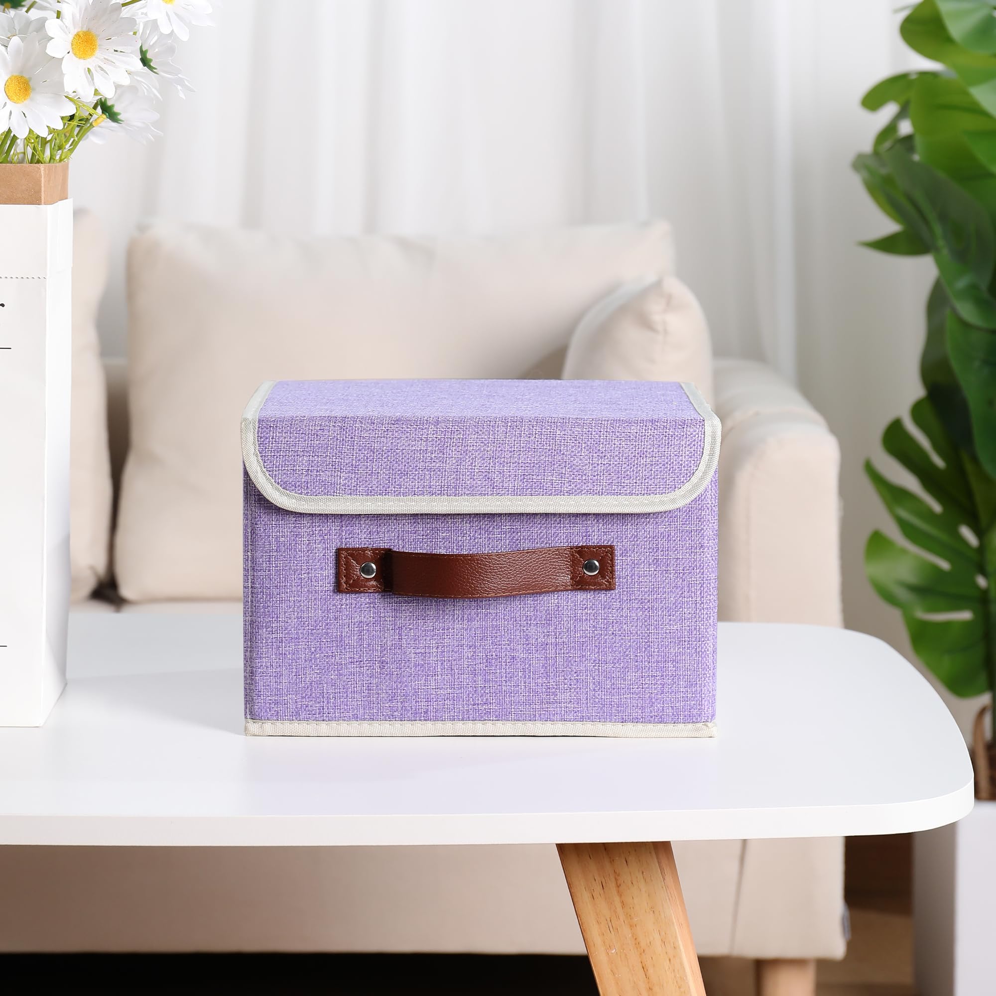 ANMINY Aufbewahrungsbox aus Stoff mit Deckel, Lila, 25,4 x 20,3 x 17,8 cm, 4 Stück | Erinnerungsspeicher, Baumwollleinen, PP-Platte verstärkt, waschbar, PU-Griffe, faltbar & stapelbar, dekorativ, klein