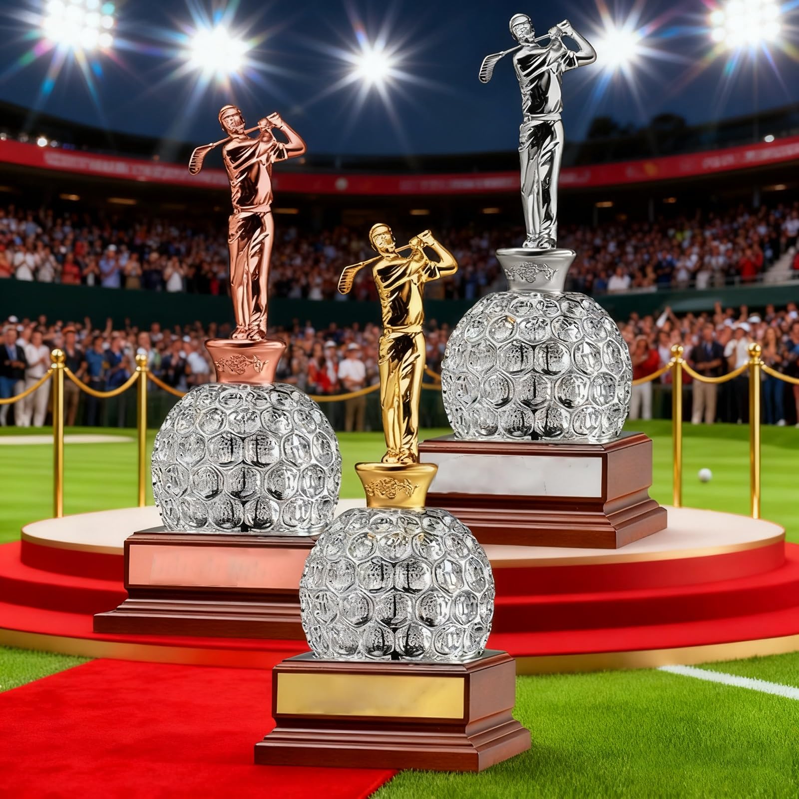 Trofei per Tornei di Golf - Oro, Argento, Bronzo con Base in Legno Massello E Scritte Personalizzate per Commemorazioni di Campionati Sportivi(Gold)