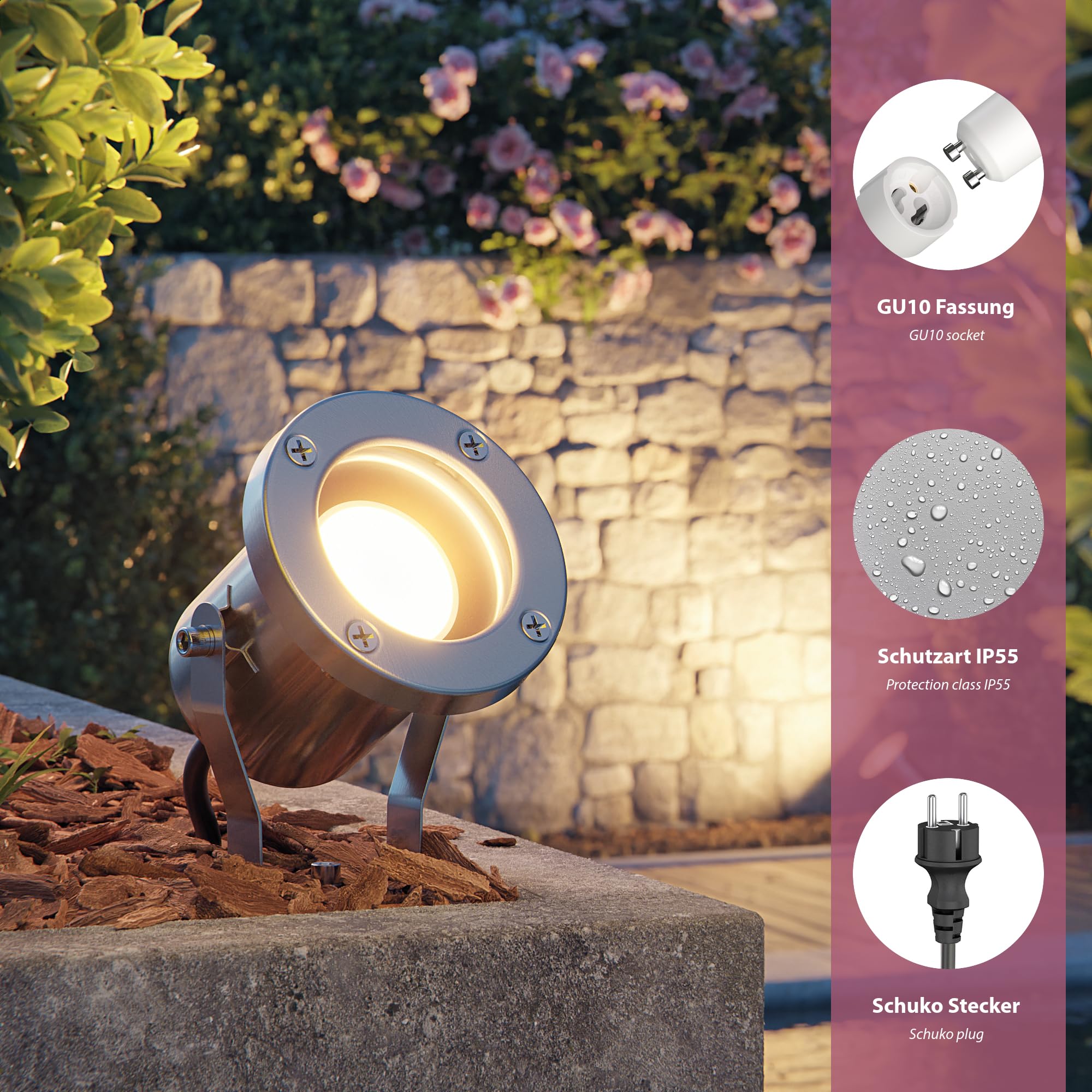 ledscom.de 2x faretto da giardino MIBU per esterni, IP55, spina, acciaio inox, 1x GU10 max. 15W