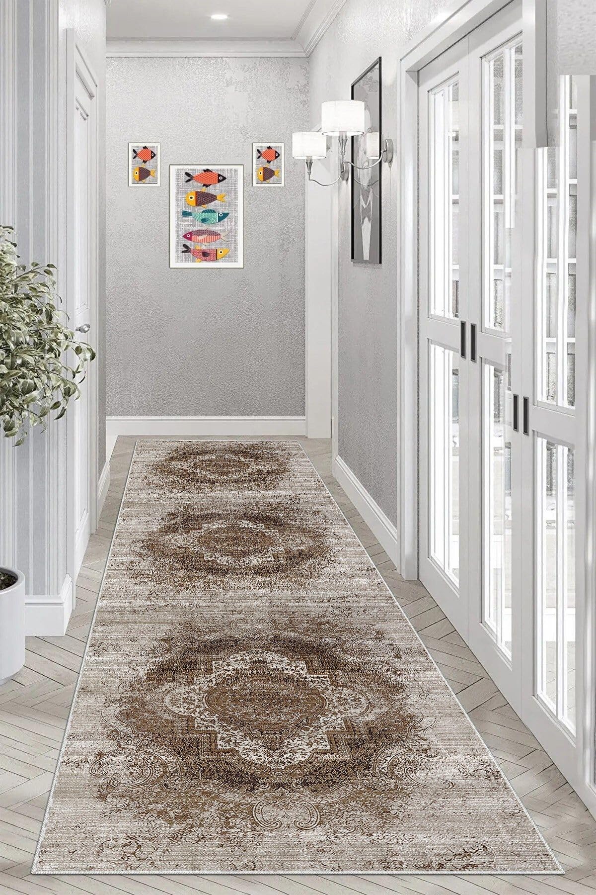 Pelangi Osmanlı Motifler Desenli Etnik Dijital Baskı Yıkanabilir Kaymaz Taban Eskitme Salon Halısı (Gri), Gri 80 x 400, 955568412804007