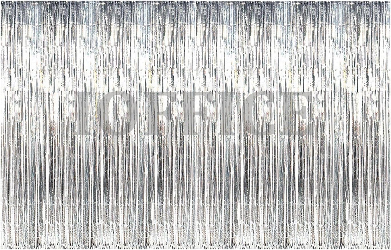 IOFFICE Metallic Silver Foil Fringe Curtains 12 ft X 8 ft. Door Window Curtain Party Decoration (12' x 8', Silver)