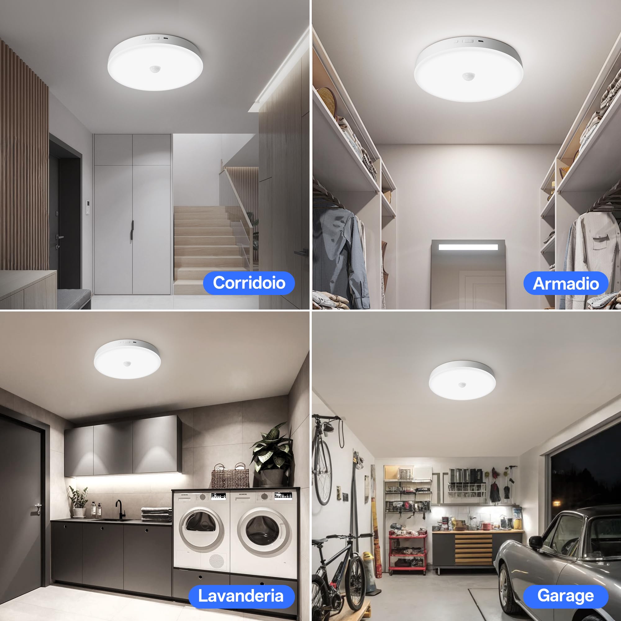 Homelist Lampada da soffitto con sensore di movimento, 12000 mAh, 2 pezzo | Lampada a batteria dimmerabile con telecomando per bagni, corridoi, garage e capannoni