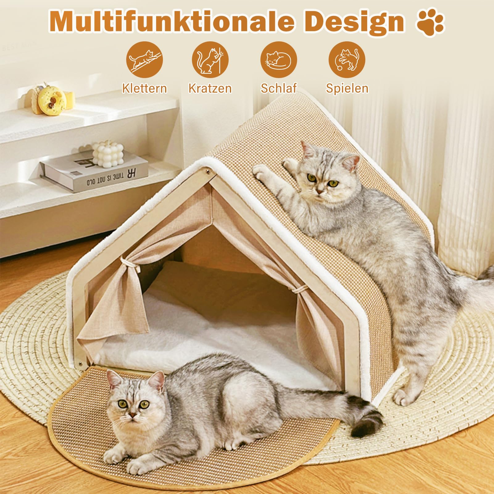 Katzenhaus mit Kratzbrett,2-in-1Holz Sisal Katzenhaus Kratzbrett Katzenzelt