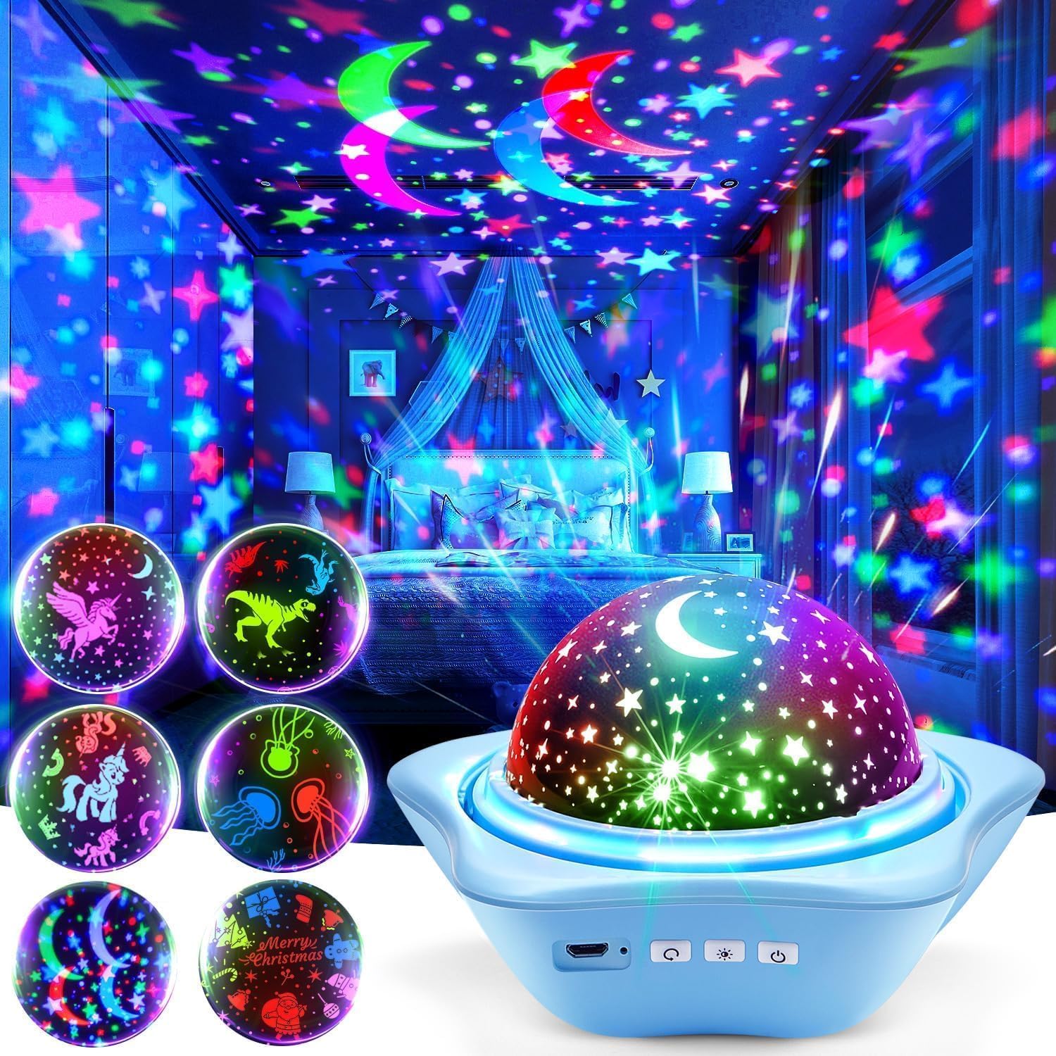 One Fire Star Projector, 96 Modes Children's Night Light Planetary Projector, 6 Film 360° Rotation Projector Baby, USB Rechargeable Light Remover for Children, Gift Baby Room Decoration