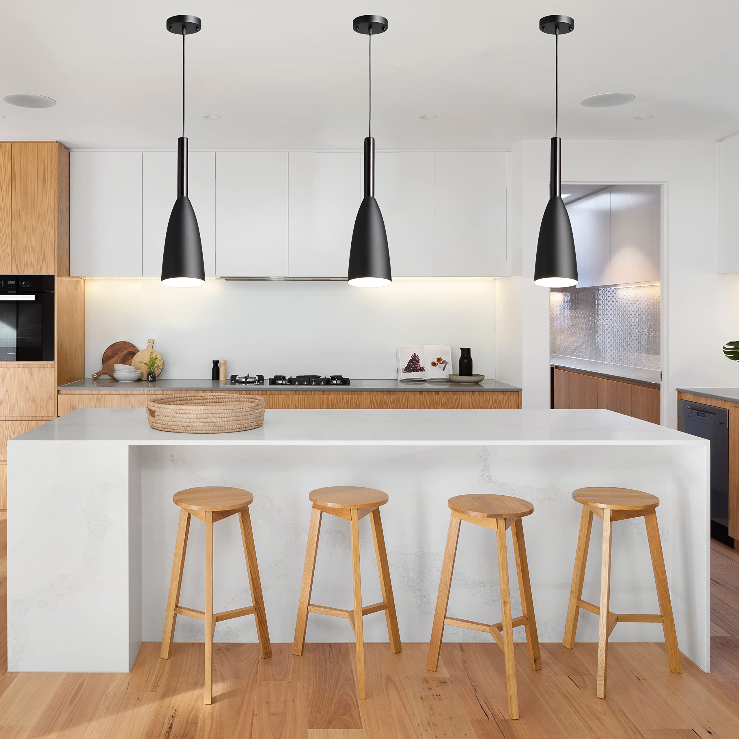 YEPOLI Modern Pendant Lights Kitchen Island, Matte Black Dome Pendant Lighting Minimalist Style, Ceiling Hanging Lamp for Ding Room Coffee Bar - (Matte-Black 3PACK)