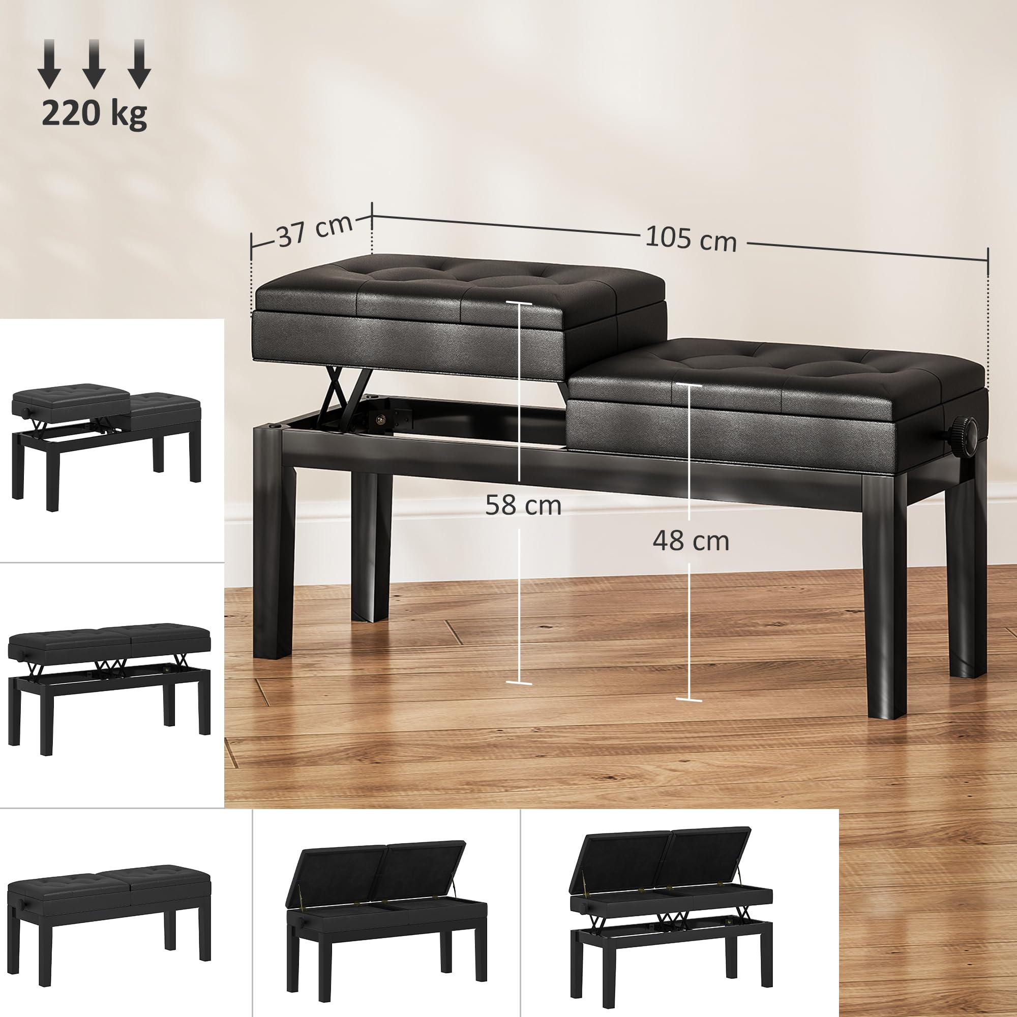 HOMCOM Banc de Piano réglable en Hauteur, Tabouret de Piano avec Rangement, Banquette pour Clavier capitonné, Pieds en Bois d'hévéa, Noir