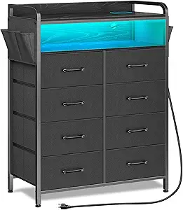 Rolanstar Dresser with Power Outlets and LED Lights, 8 Drawers Dresser with Side Pockets, Fabric Chest of Drawers with PU Finish, Tall Dresser with Sturdy Frame & Wood Top for Bedroom, Black