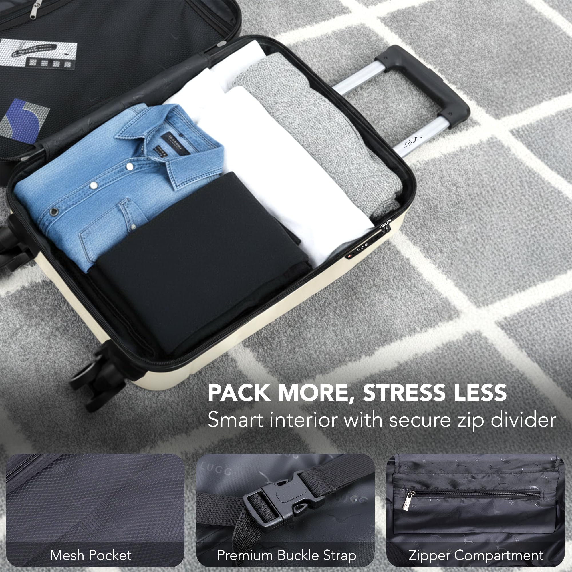 LUGG - Jetset 40cm Suitcase - 40x30x20cm- Ryanair Compatible - Underseat Size - Hard Shell ABS - Spinner & Removable Wheels - Lightweight Travel Luggage- Cream/Brown — view 109