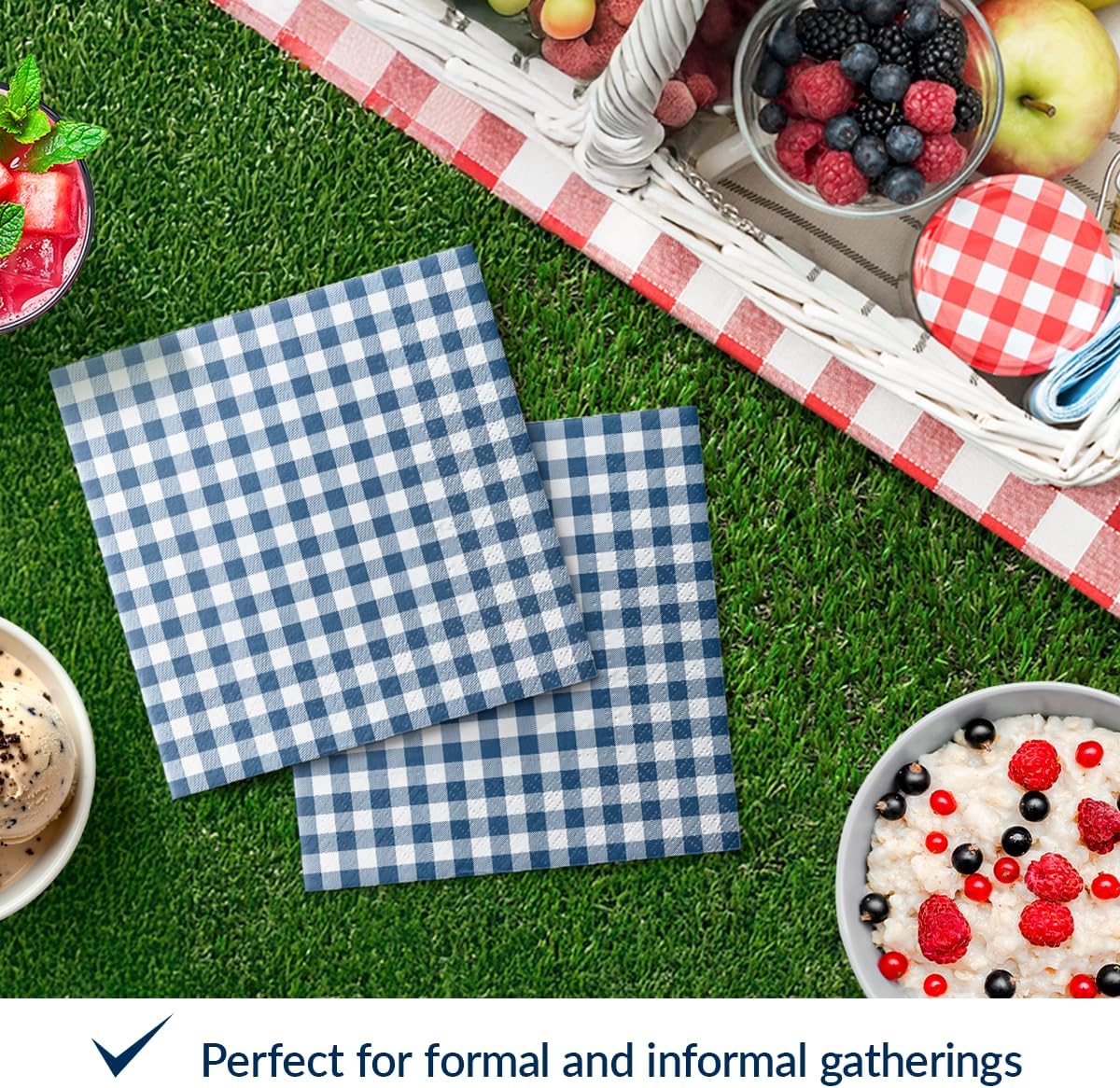 2-Ply Luncheon Napkins Paper 6.5 x 6.5 in, 50 Count - Gingham Navy Blue image 5