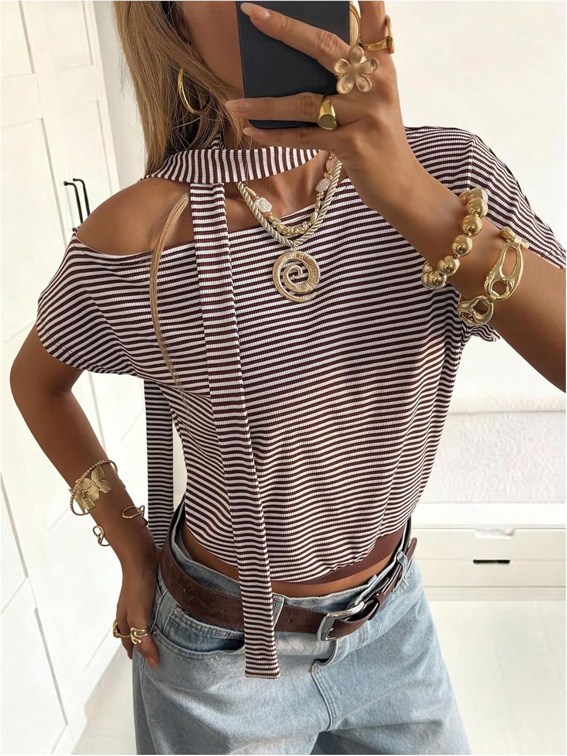 Verdusa Women's Striped Off The Shoulder Tops Cinched Waist T Shirts Summer Going Out Tops with Scarf - Image 3