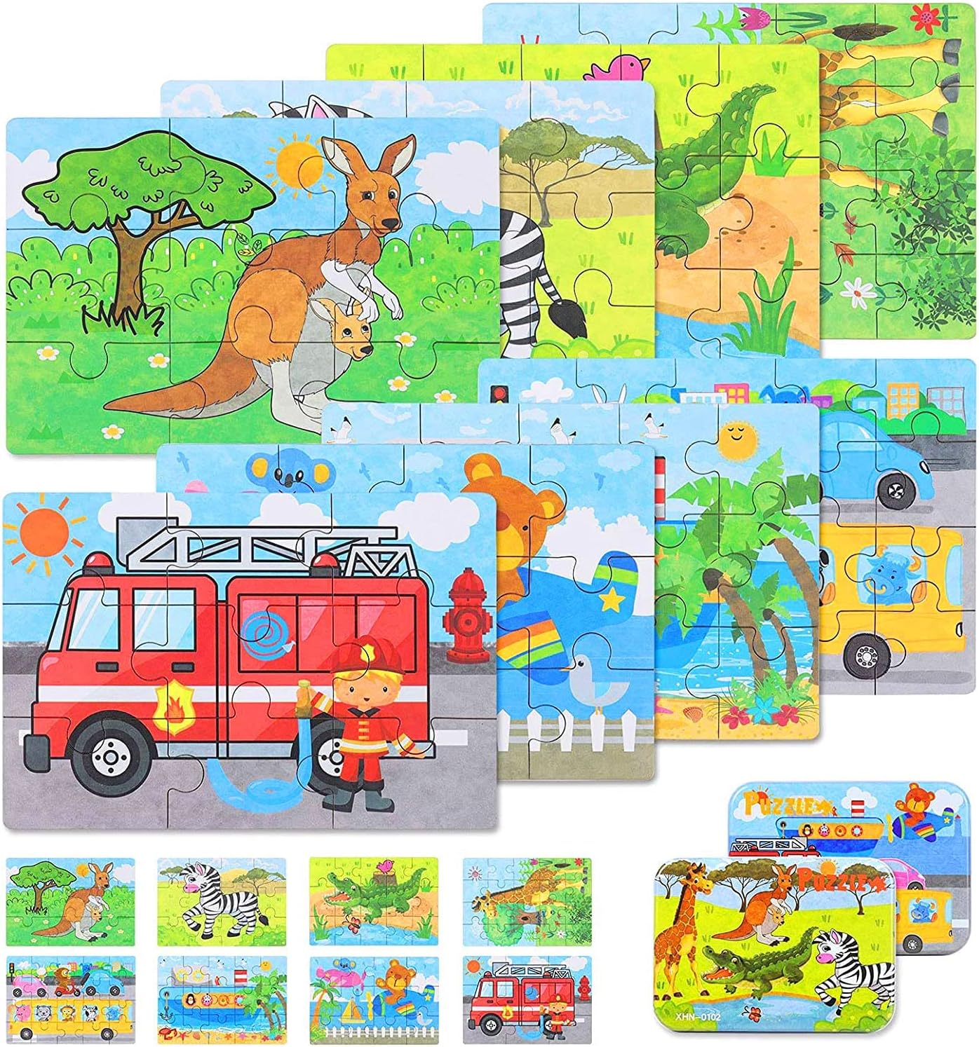 Puzzles Infantil de Madera 8 en 1, MOOKLIN ROAM Juguete de Educativos Rompecabezas, Juego Montessori de Desarrollo Cognitivo con 2 Tema 8 Coloridos Diseños en Caja de Regalo para Niños 3+ Años