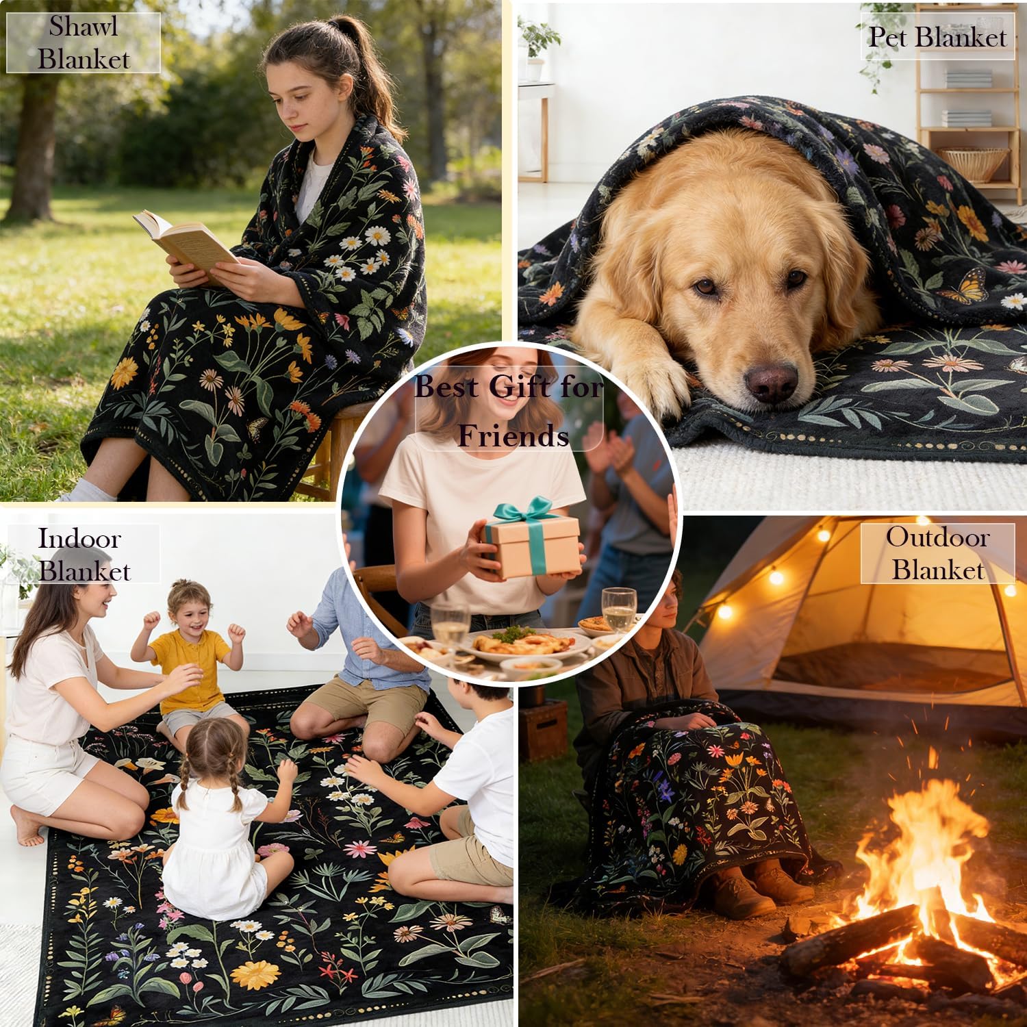 Spring Flowers Throw Blanket Black Vintage Floral Blankets Soft Cozy Flannel Fleece Plants Butterfly Print Bed Blankets for Bedding Sofa and Travel Camping 50" × 60" - Image 8