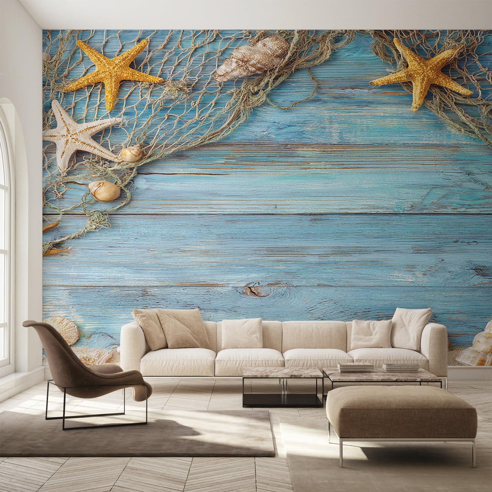 Papier peint intissé étoile de mer coquillage : décoration murale panoramique océan salon