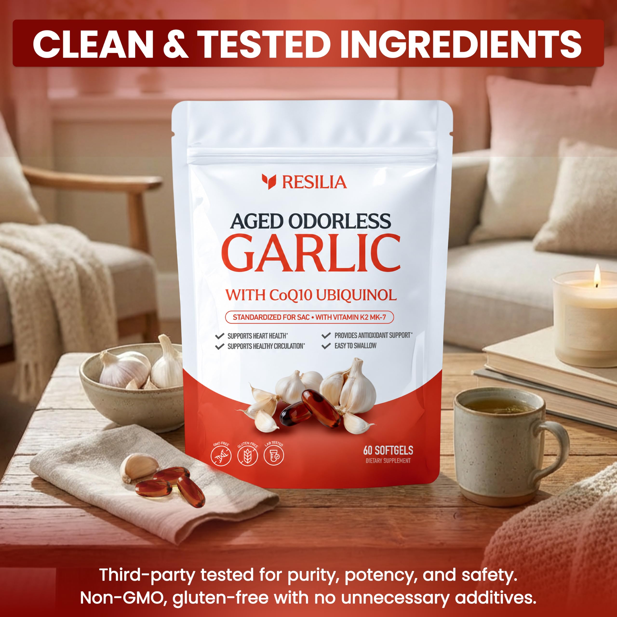 Resilia Odorless Aged Garlic Softgels (180 Count) | 600mg Aged Garlic Per Serving | with CoQ10 Ubiquinol & Vitamin K2 (MK-7) | Dietary Supplement — Amazon image 7