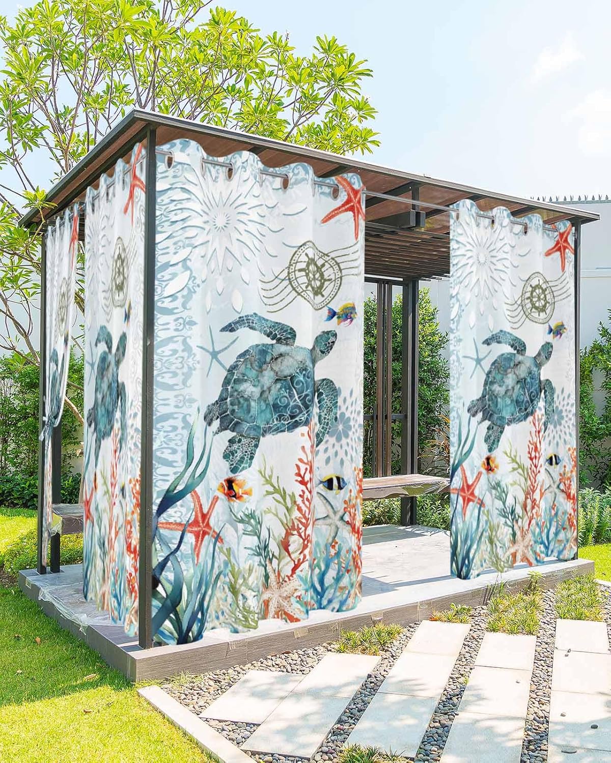 Outdoor Curtains for Patio Waterproof Summer Ocean Turtle Light Filtering Thermal Insulated Privacy Drapes with Grommets 54x84-1 Panel, Outdoor Curtain for Pergola Porch Gazebo, Retro Blue
