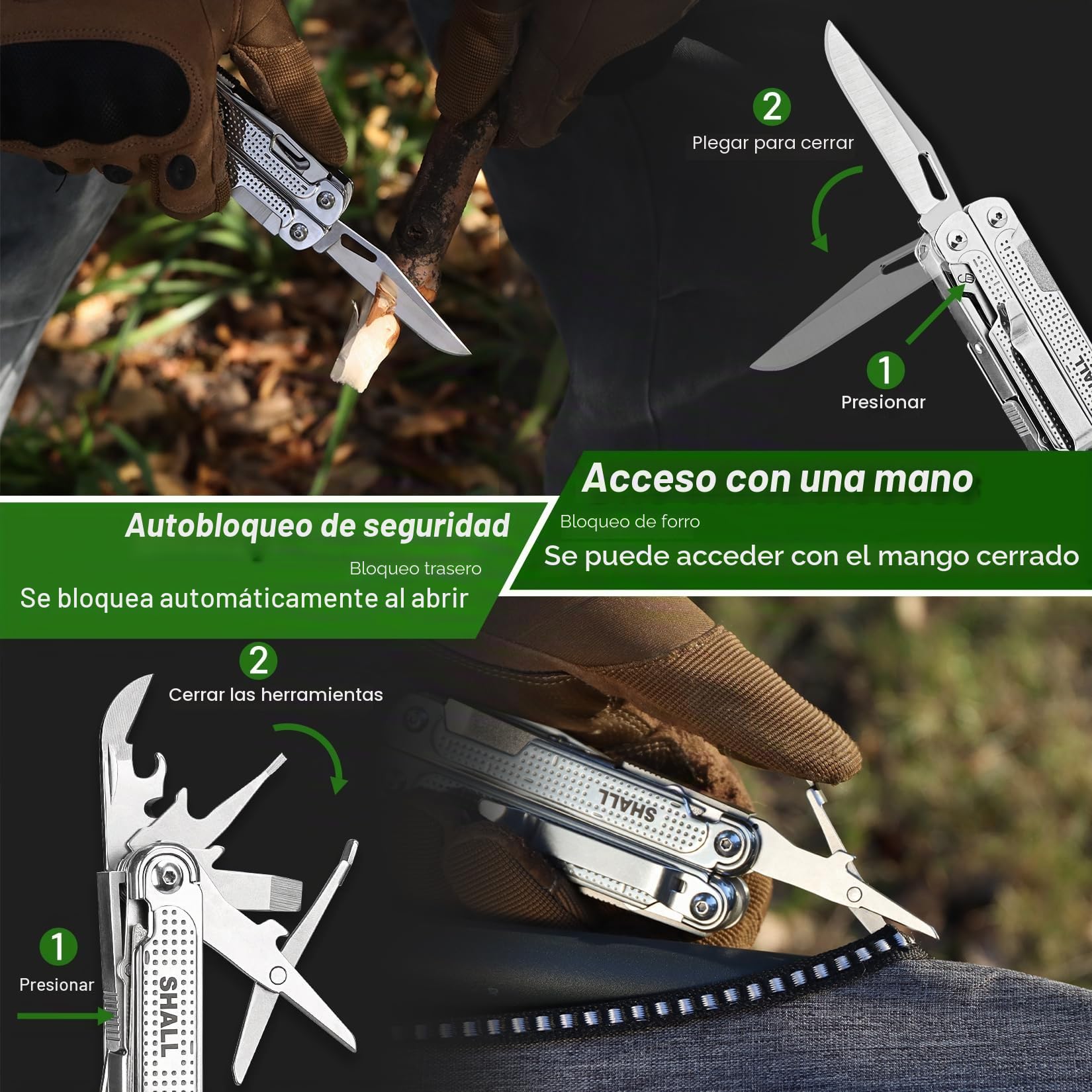 SHALL Herramienta multiusos, alicates multiherramienta 18 en 1 con punta de destornillador y enchufe universal, adecuados para acampar, pescar, sobrevivir en la naturaleza y cazar.