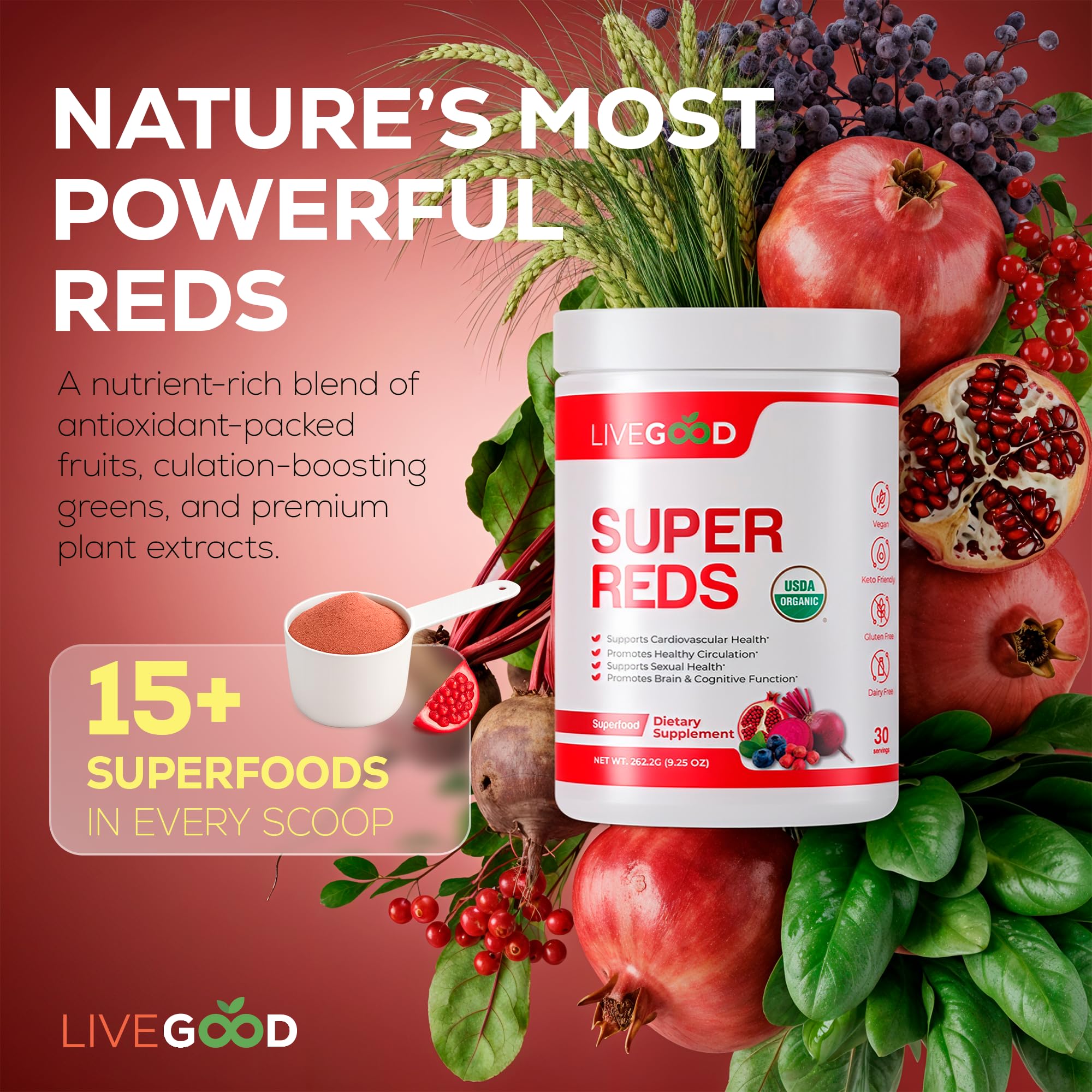 LiveGood Super Reds Organic Superfood Powder with Beetroot and Organic Pomegranate Powder, Antioxidant Fruit Blend and Red Beets Supplements for Daily Energy (30 Servings) — Amazon image 2