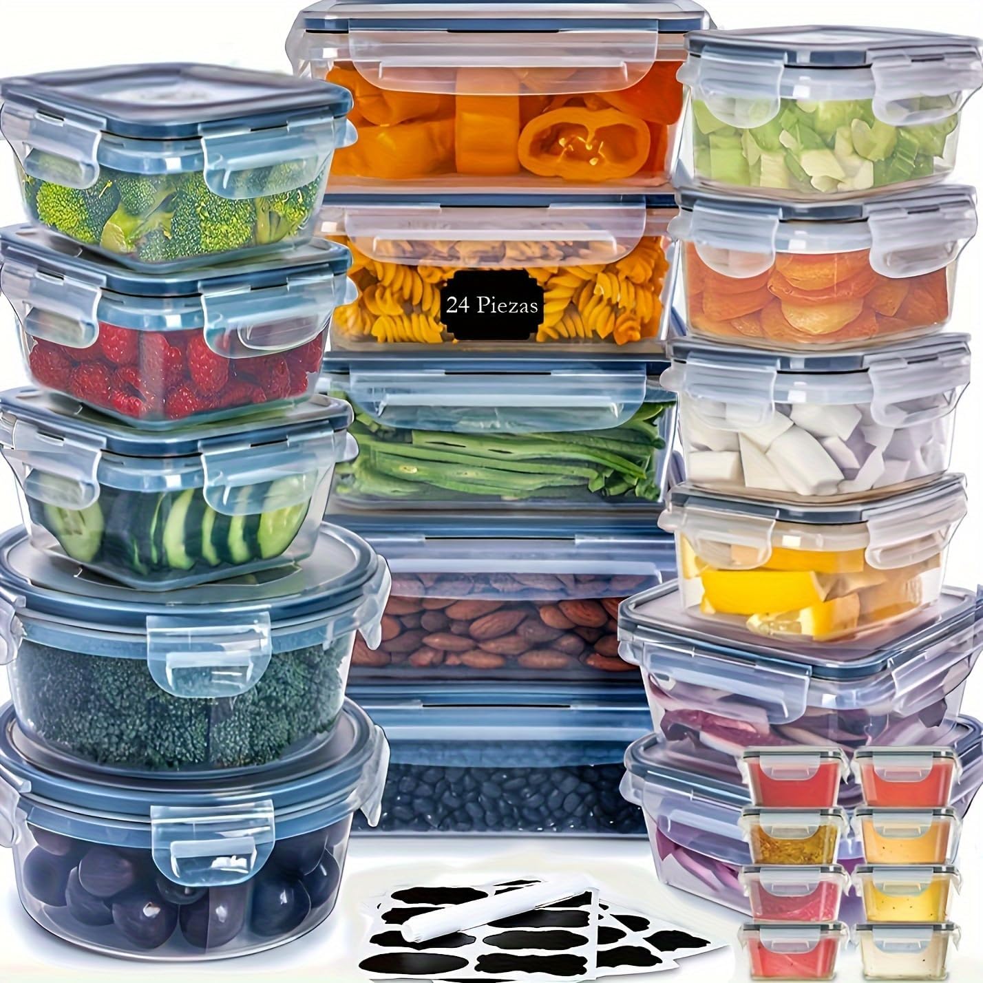Juego De 48 Recipientes Herméticos Para Alimentos | 24 Tuppers + 24 Tapas | Apto Lavavajillas Y Sin BPA | 100% Antifugas