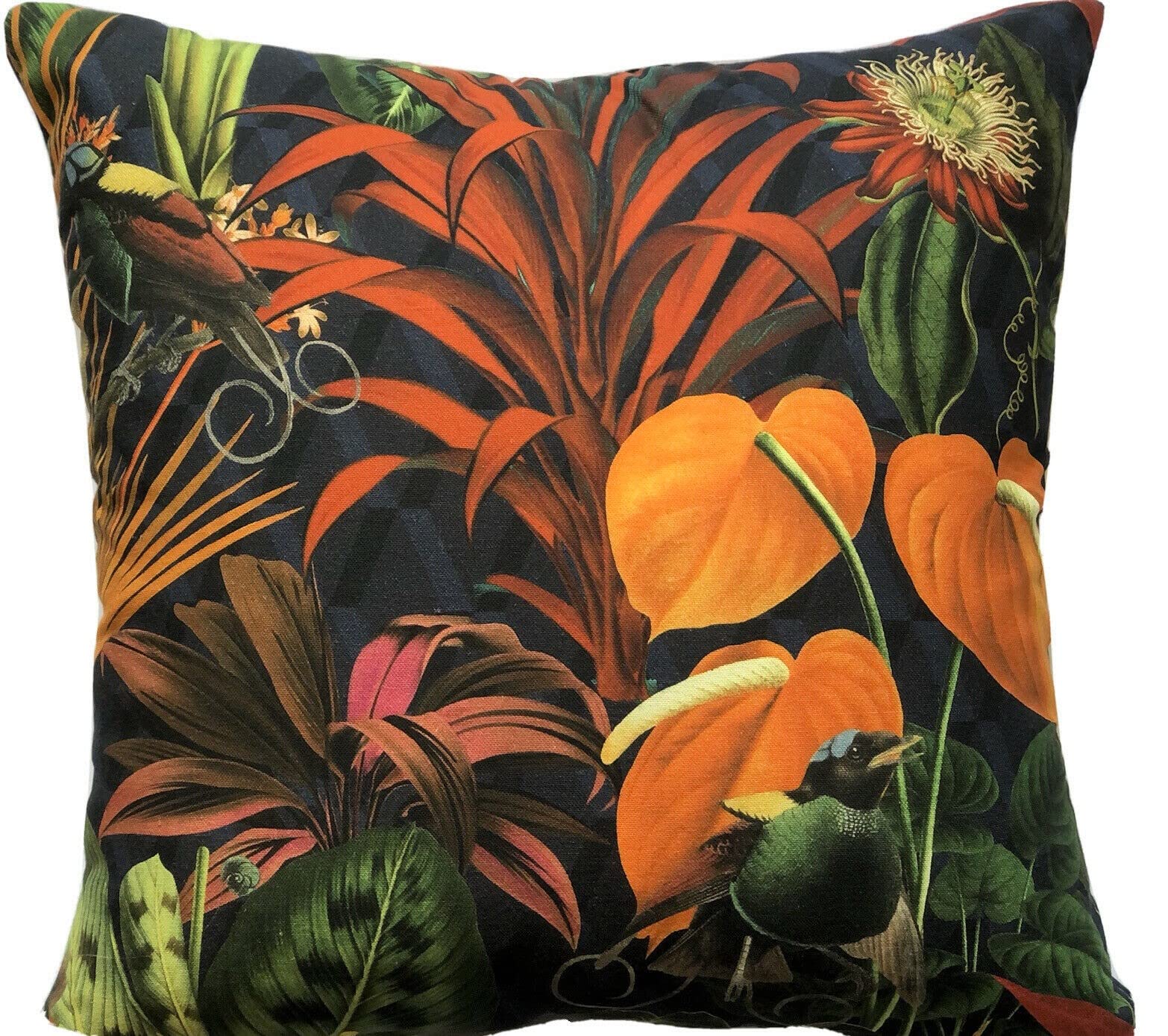 Multy Tropical Cushion Cover Deep Jungle Anthurium Exotic Birds Printed Blue Fabric 16"
