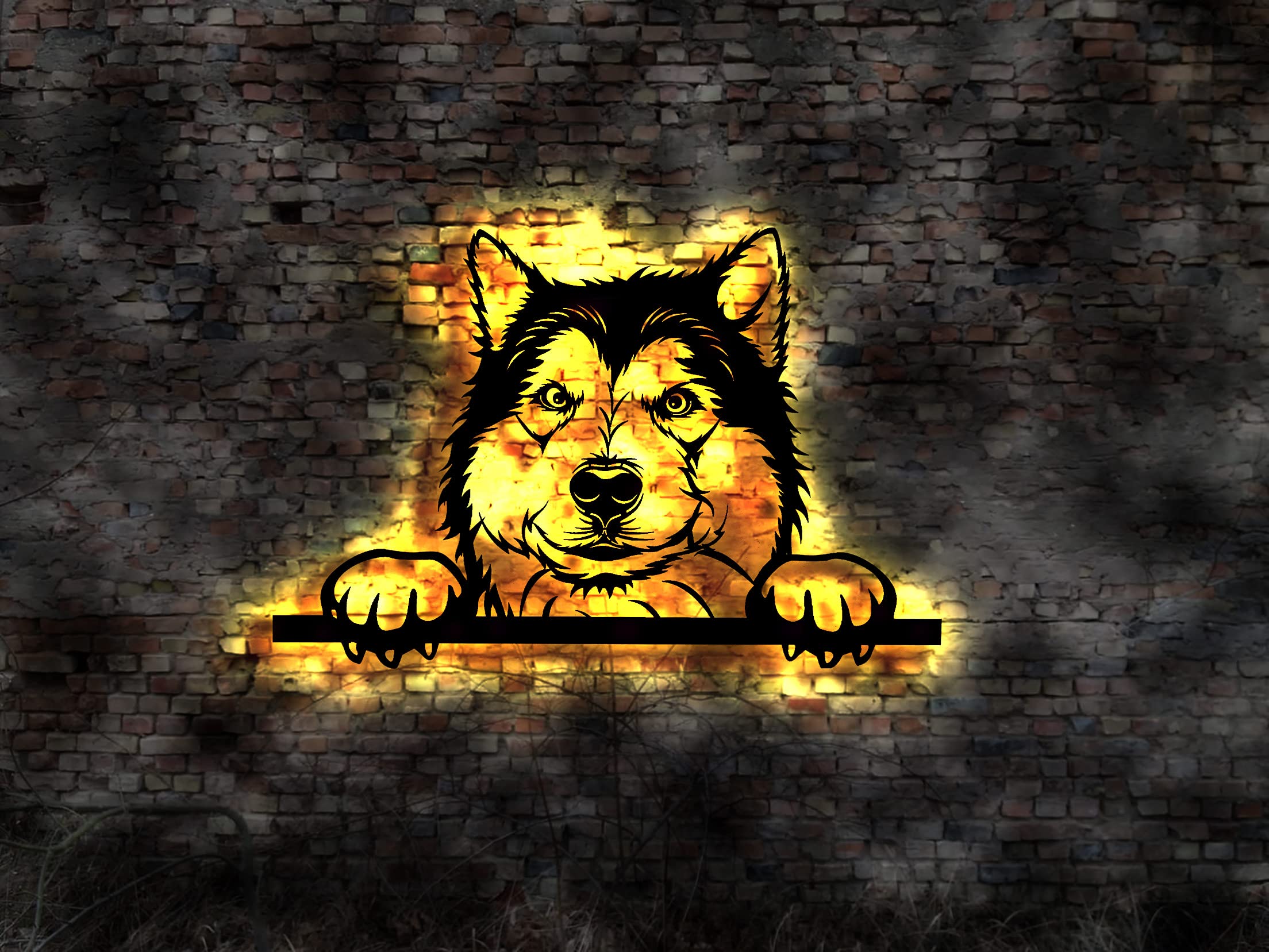 Veilleuse bois Alaskan Malamute LED, sculpture lumineuse haute finition