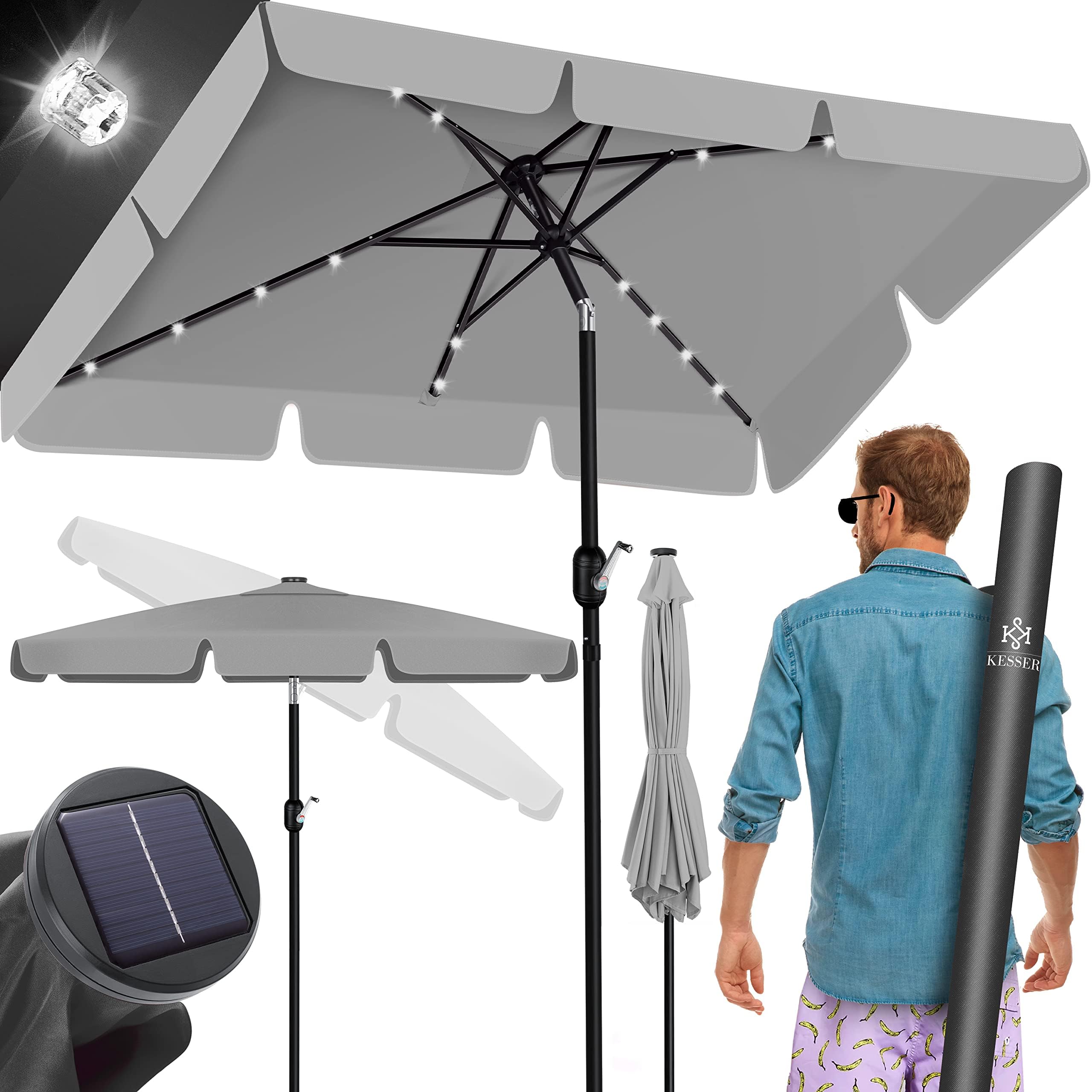 KESSER® Sombrilla Parasol Rectangular LED Solar con Manivela Incluye Funda 2 en 1 Bolsa de Transporte | Sombrilla para Balcón Jardín y Terraza Ajustable y Inclinable