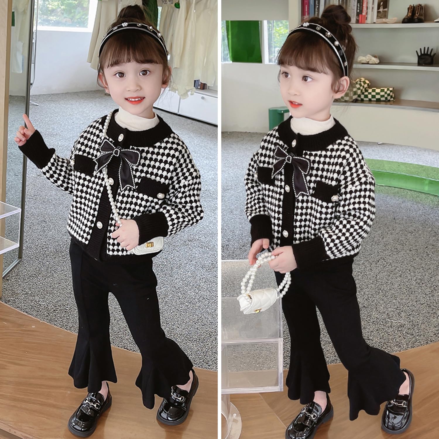 Cardigan en tricot boutonné pour petite fille Noir Taille 2-7T