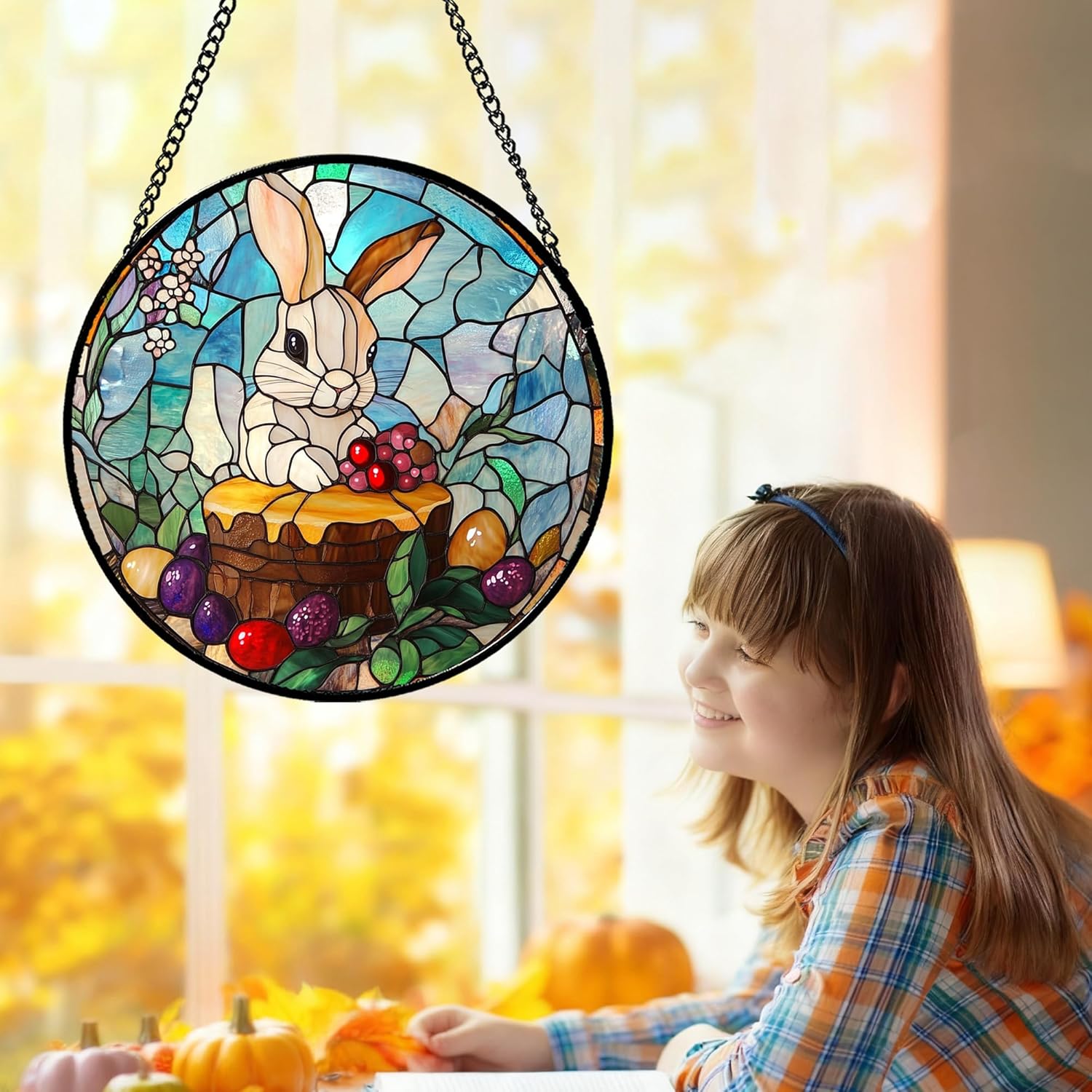 CHATYOUNG Stained Glass Window Hanging Color Berry Rabbit 9.8" - Animal Suncatcher Door Garden Home Decor and Christmas Mother's Day Birthday Gift Grandma Mom Women Men Animals Lover