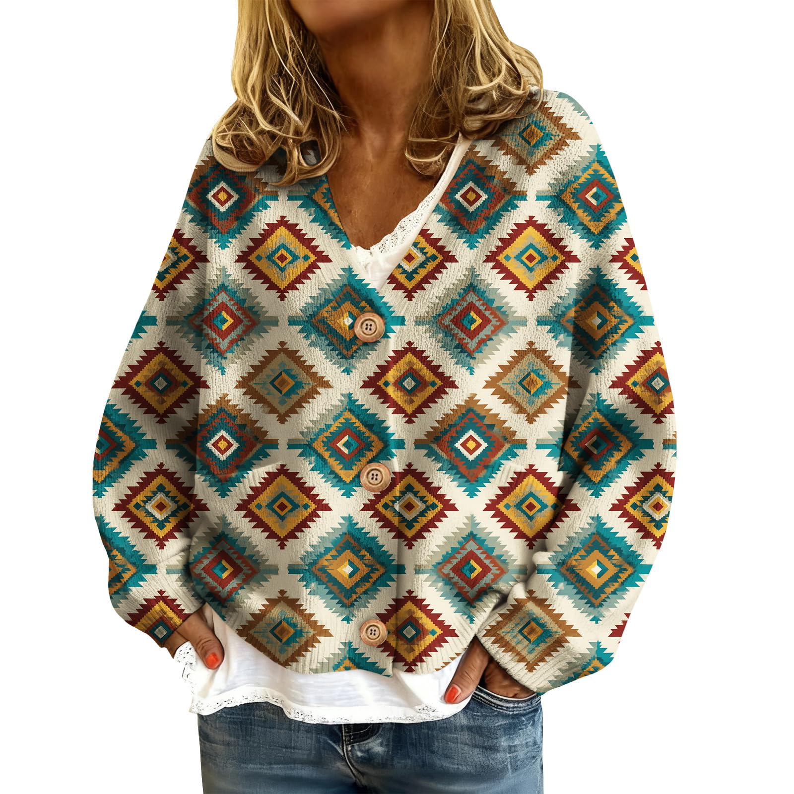 Womens Cardigan Sweaters Plus Size Lightweight Aztec Print V Neck Sweater Button Cropped Fall Cardigans Trendy