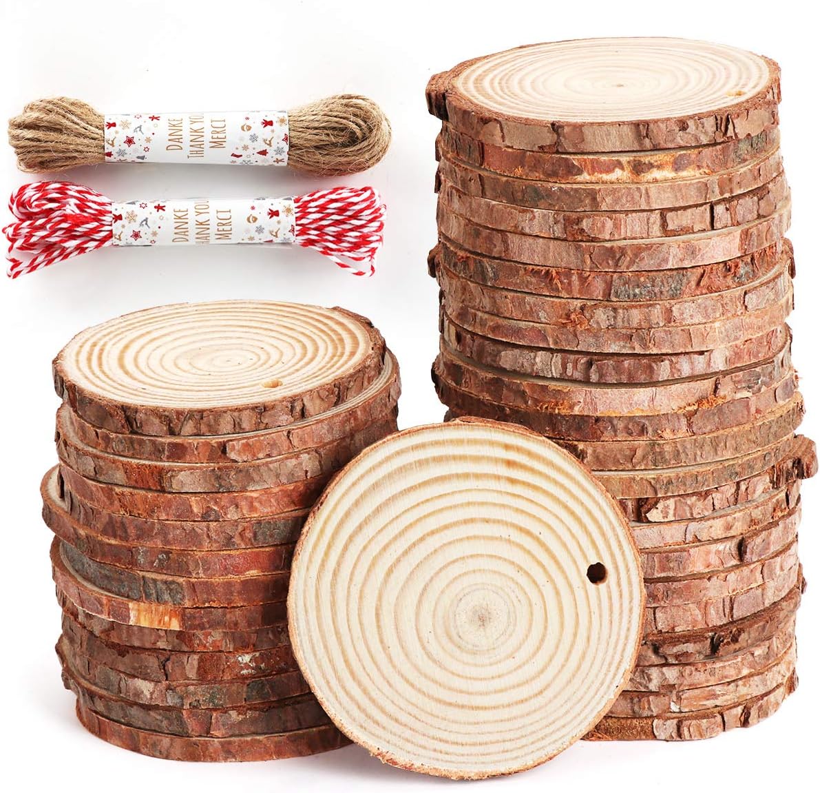 ilauke 50 Pcs Natural Wood Slices for Crafts, 2.4-2.8in Wooden Discs with Holes with Natural Jute Twine, 0.2in Dicke Kleine Predrilled Log Slices for DIY Crafts Christmas Decorations Ornaments
