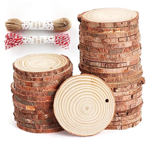 50Pcs Wood Slices 2.4"-2.8" Unfinished Wood Rounds with Pre-drilled Hole