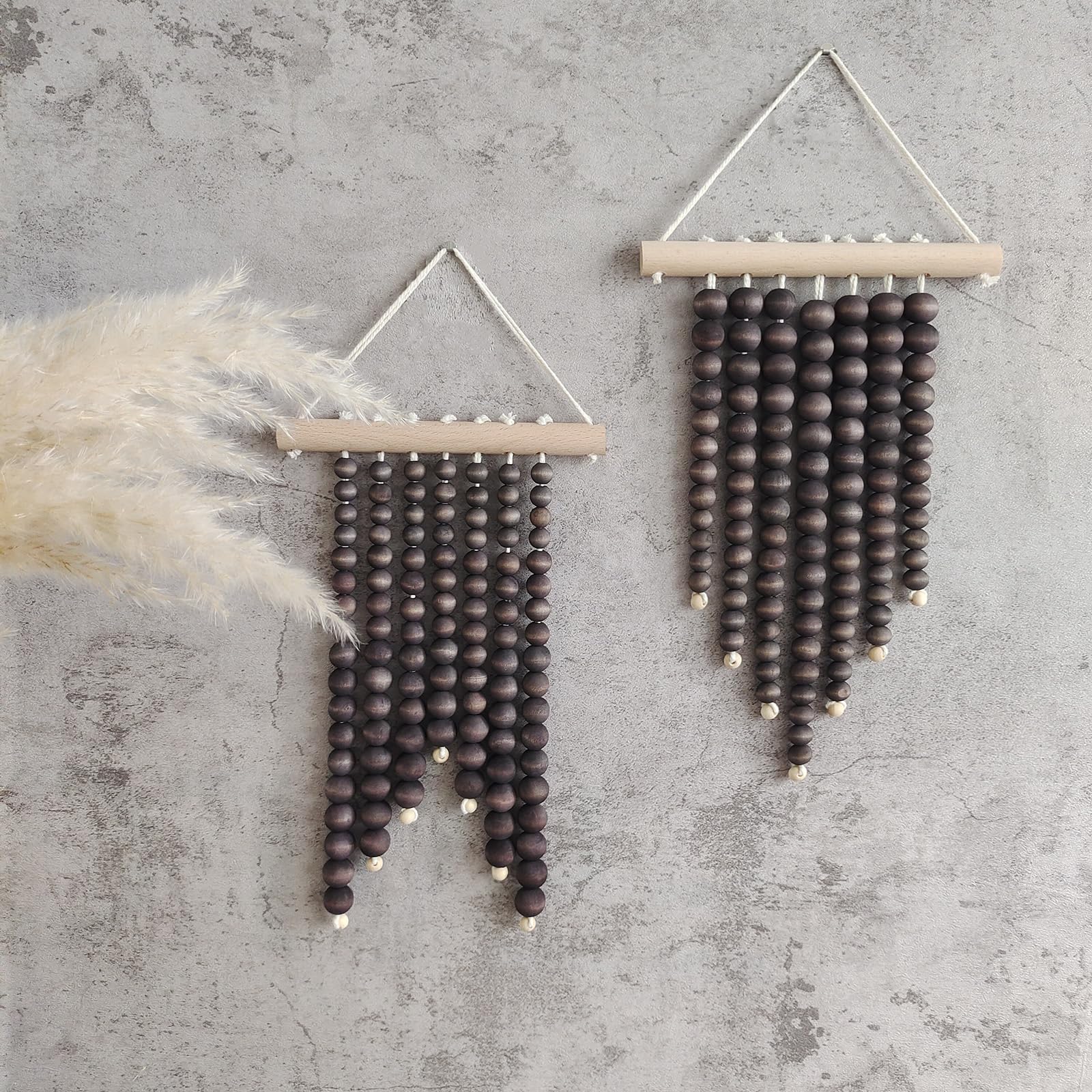 Black Boho Wall Decor with Wood Beads Small Tapestry 2 Pieces Art Western Rustic Hanging Macrame Decoration for Kids Girl Boy Room Nursery Bedroom