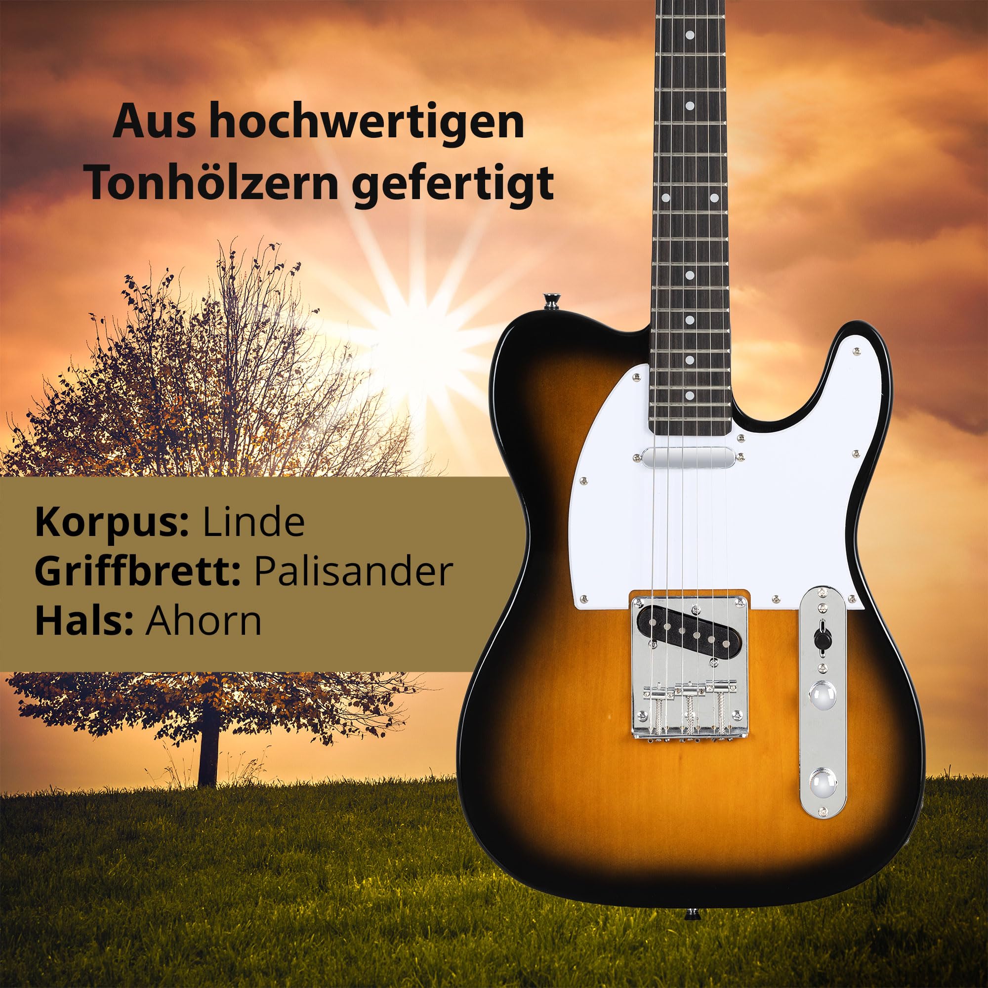 Rocktile Pro TL100-SB Guitarra Eléctrica 2-Tone Sunburst Set Con Accesorios | Modelo: TL100-SB, Serie: Pro Classic, Peso: aprox. 3, 6 kg, Número de cuerdas: 6, Orientación: Diestros, Cuerpo: tilo, 3 púas