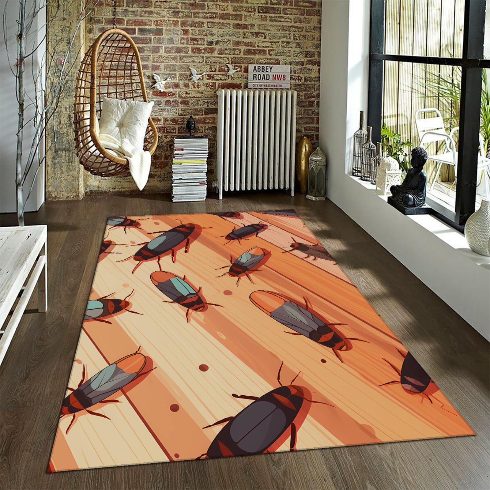 Tapis de Style Dessin animé 160x240cm - Texture de Sol en Bois avec des Motifs d’Animaux et d’Insectes Tapis Mince antidérapant à Poils Ras Lavable en Machine pour Porche